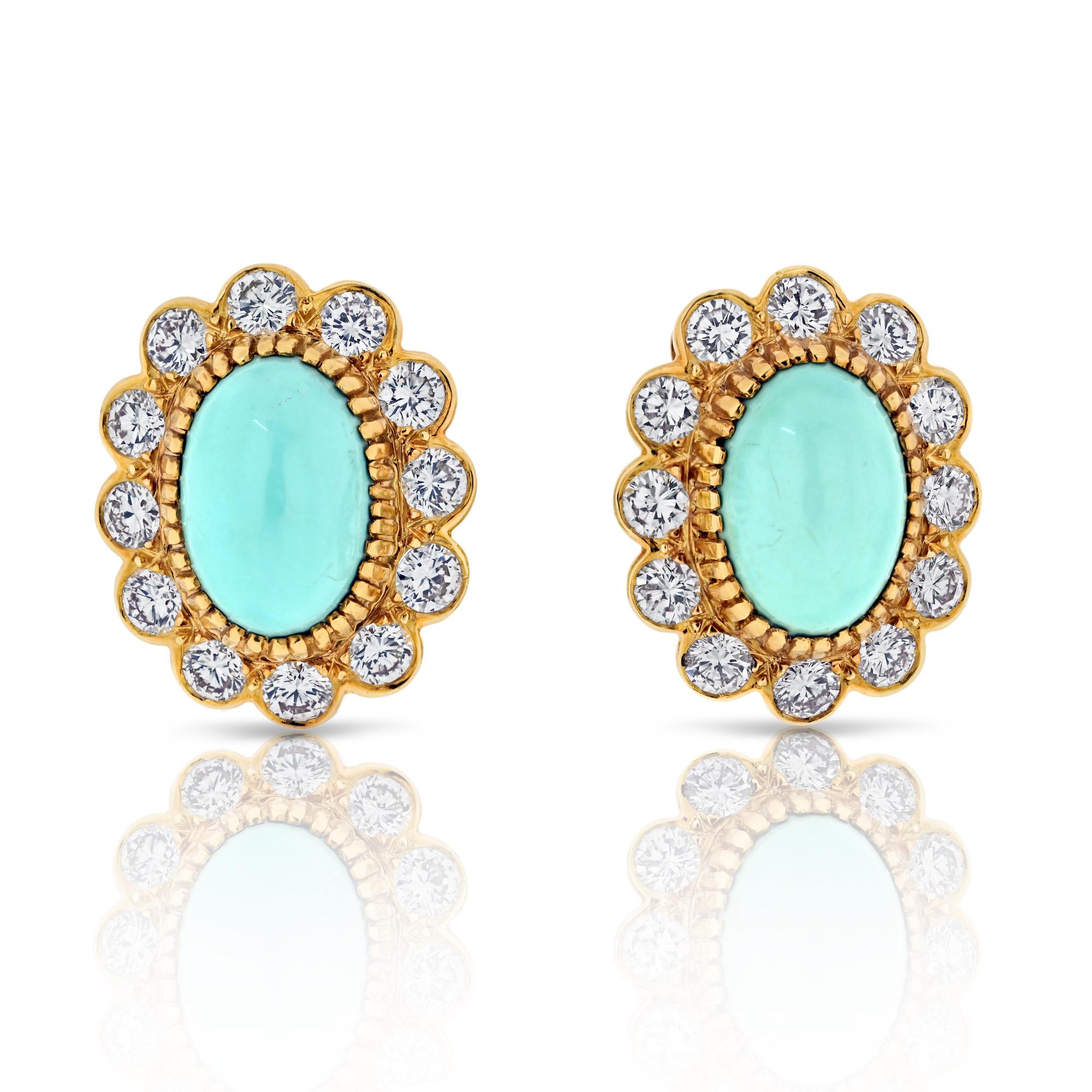 Van Cleef & Arpels turquoise and diamond floral ear-clips in 18k yellow gold. The earrings are designed as flower, with the centers set with cabochon cut oval shape turquoises measuring
approximately 14mm by 9.5mm. Surrounded by total of 24 of round