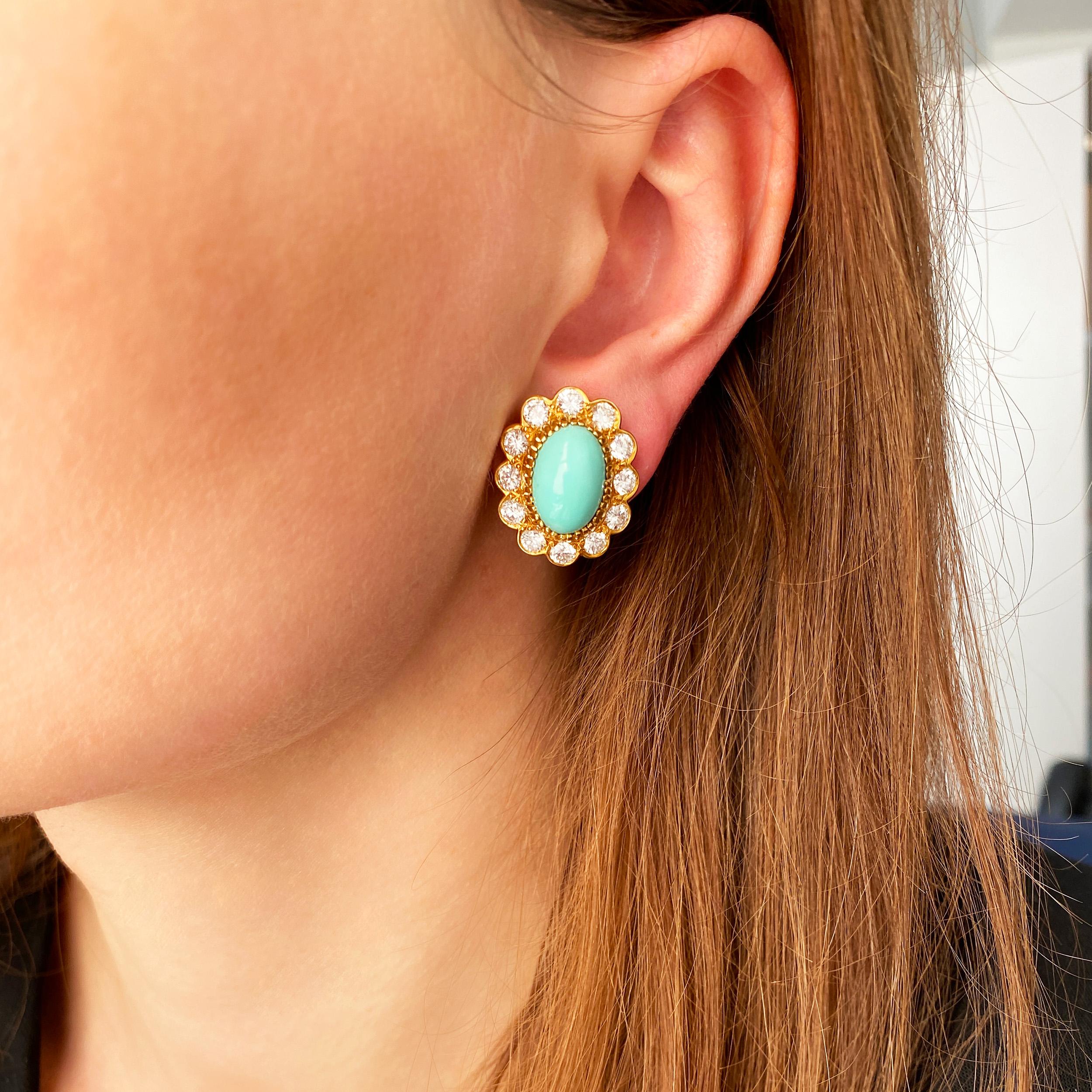 Artist Van Cleef & Arpels Turquoise and Diamond floral Ear-clips  For Sale