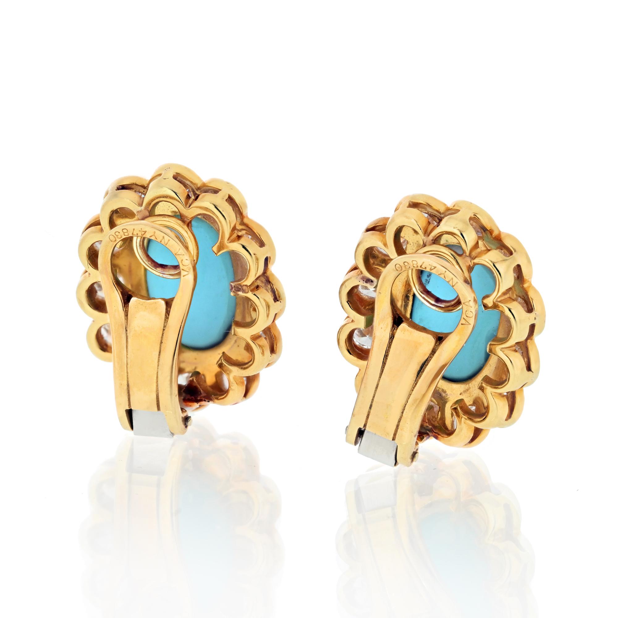 Oval Cut Van Cleef & Arpels Turquoise and Diamond floral Ear-clips  For Sale