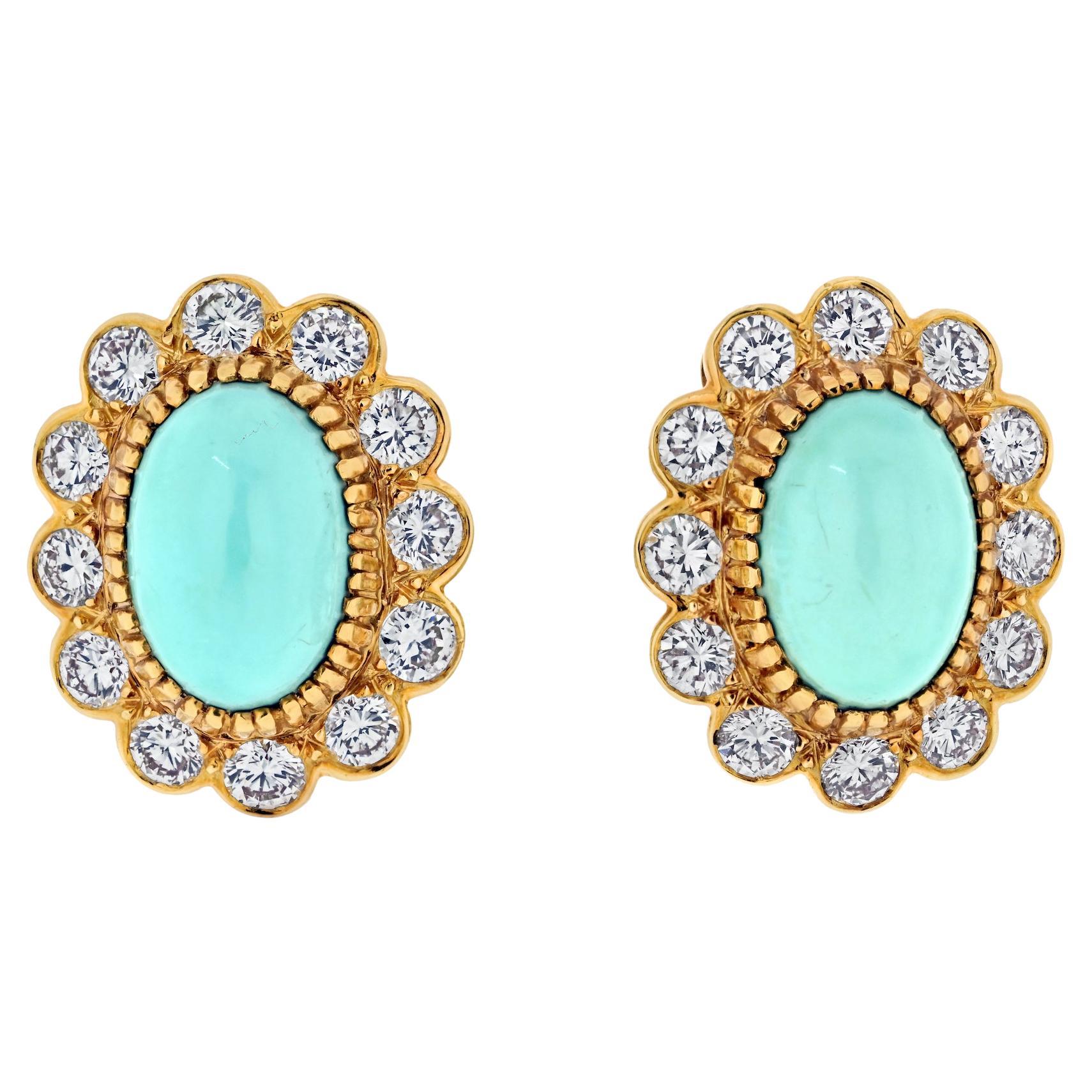 Van Cleef & Arpels Turquoise and Diamond floral Ear-clips 
