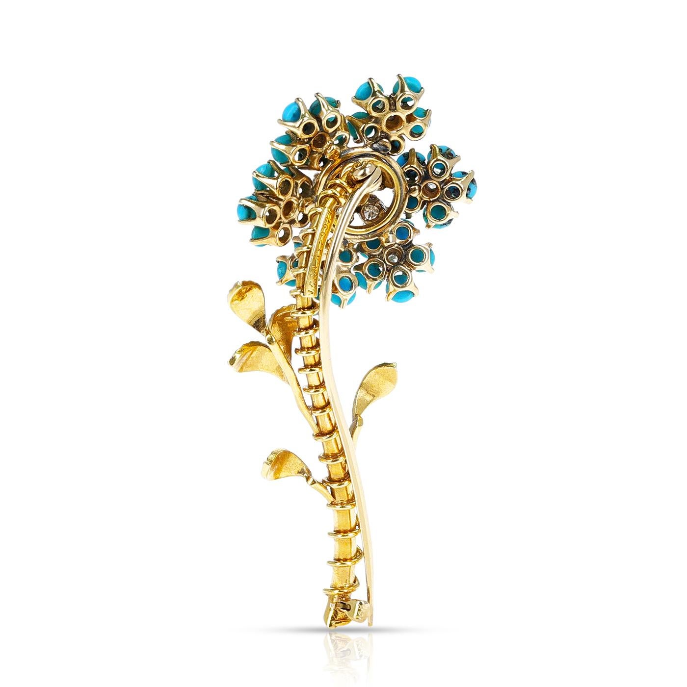 A beautiful Van Cleef & Arpels Turquoise and Diamond Flower Brooch with work on the stem and leaves of the flower. The total weight of the 15 grams. The length is 2 5/8.