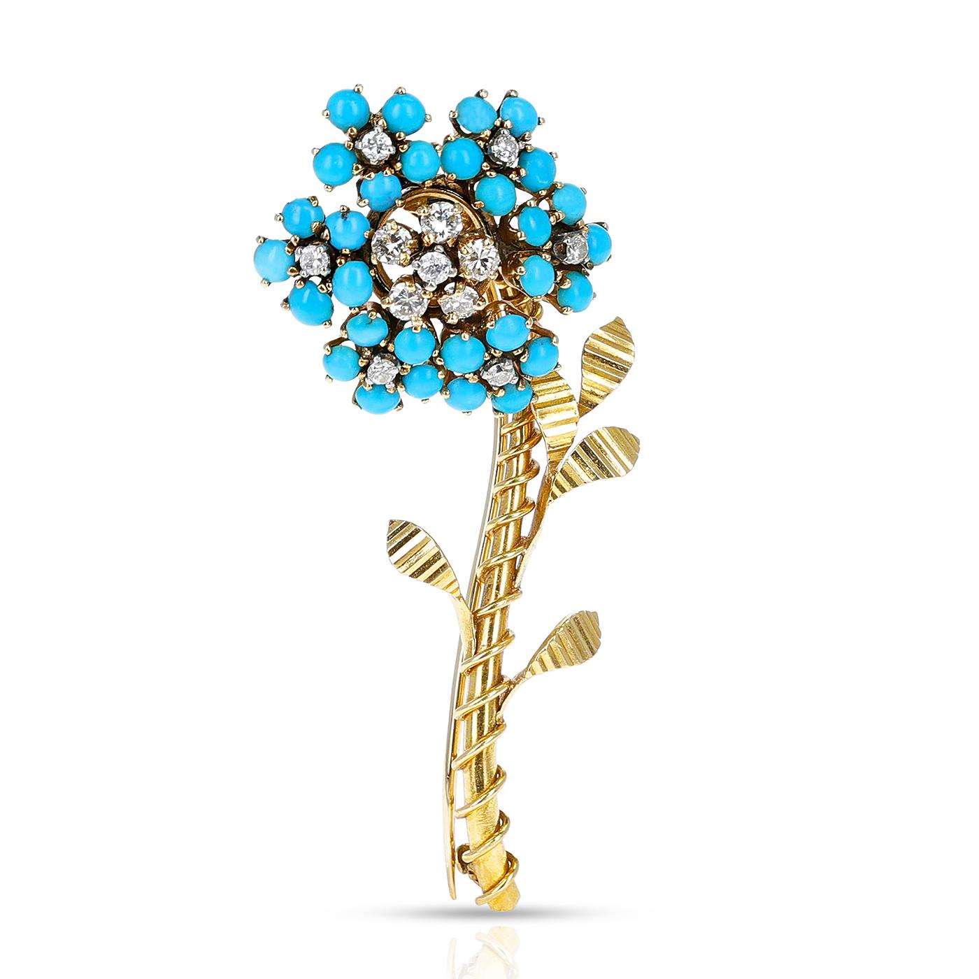 Van Cleef & Arpels Turquoise and Diamond Flower Brooch In Excellent Condition For Sale In New York, NY