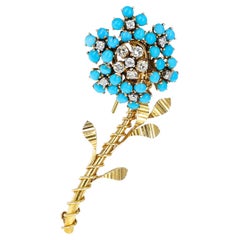 Used Van Cleef & Arpels Turquoise and Diamond Flower Brooch