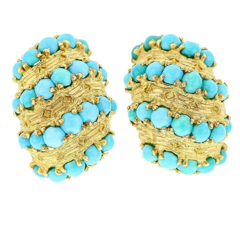 Textured 18K Yellow Gold Earrings each set with four lines of round turquoise cabochons. Sise: 2.3 x 1.5 mm). With clips, Signed VCA. Length: 13/16