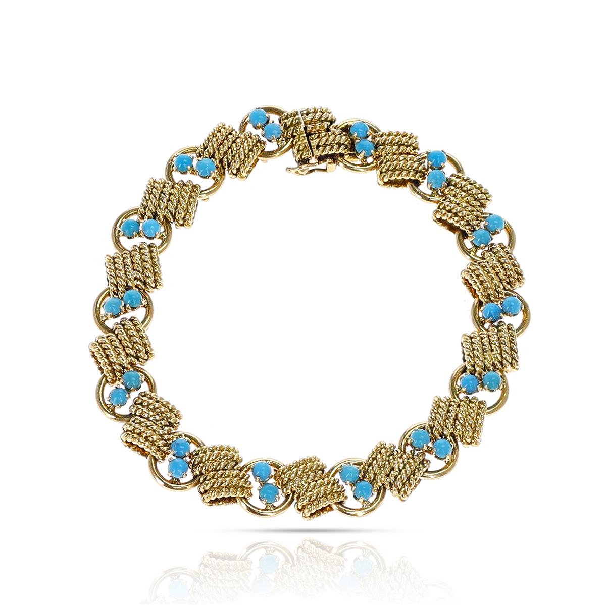 Cabochon Van Cleef & Arpels Turquoise and Twisted Gold Bracelet, 18K Yellow For Sale