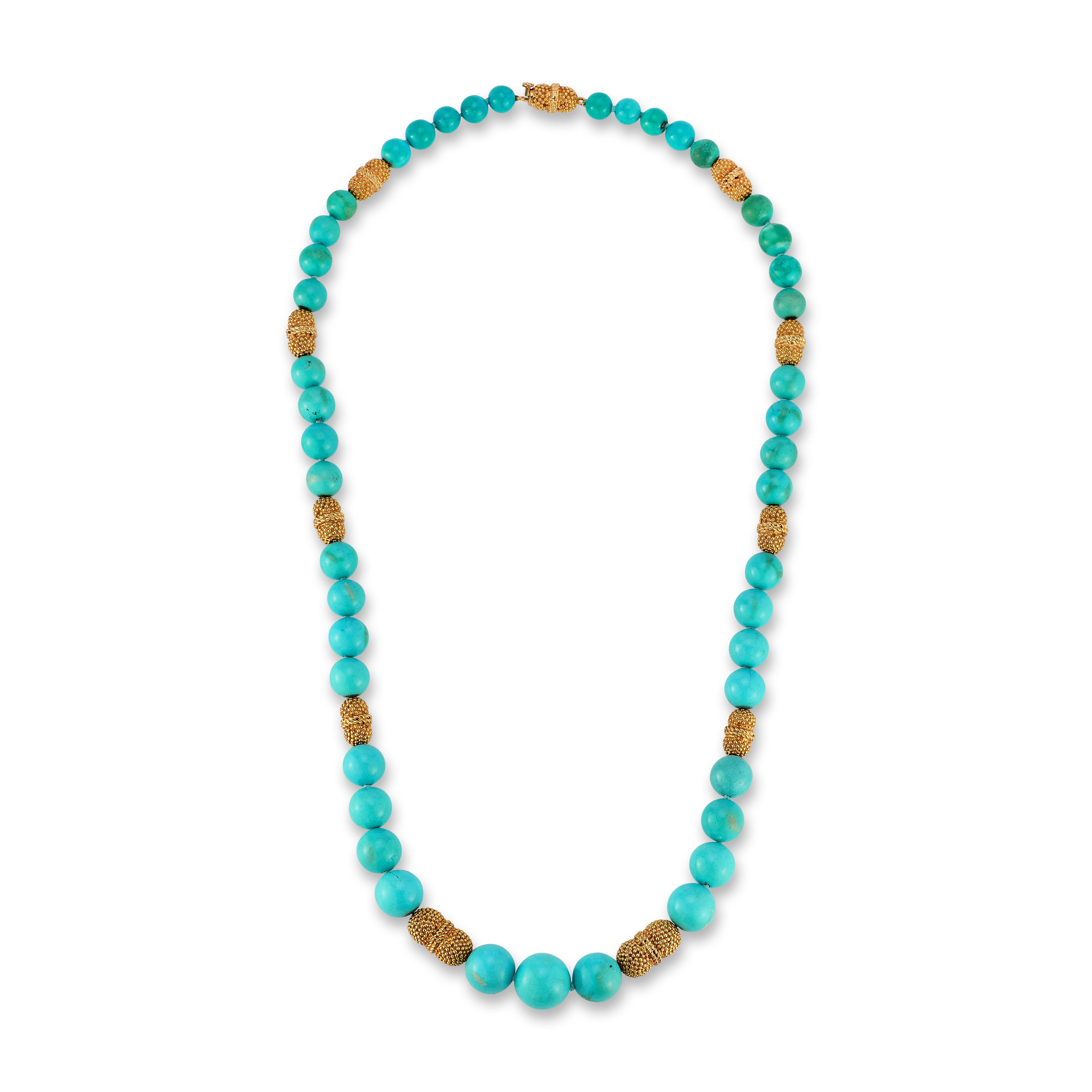 Van Cleef & Arpels Turquoise Bead Necklace 

A necklace of turquoise beads and gold spacers 

Signed VCA NY and numbered

Length: 25