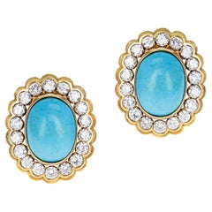 Van Cleef & Arpels Turquoise Cabochon and Diamond Clip-On Earrings, 18K