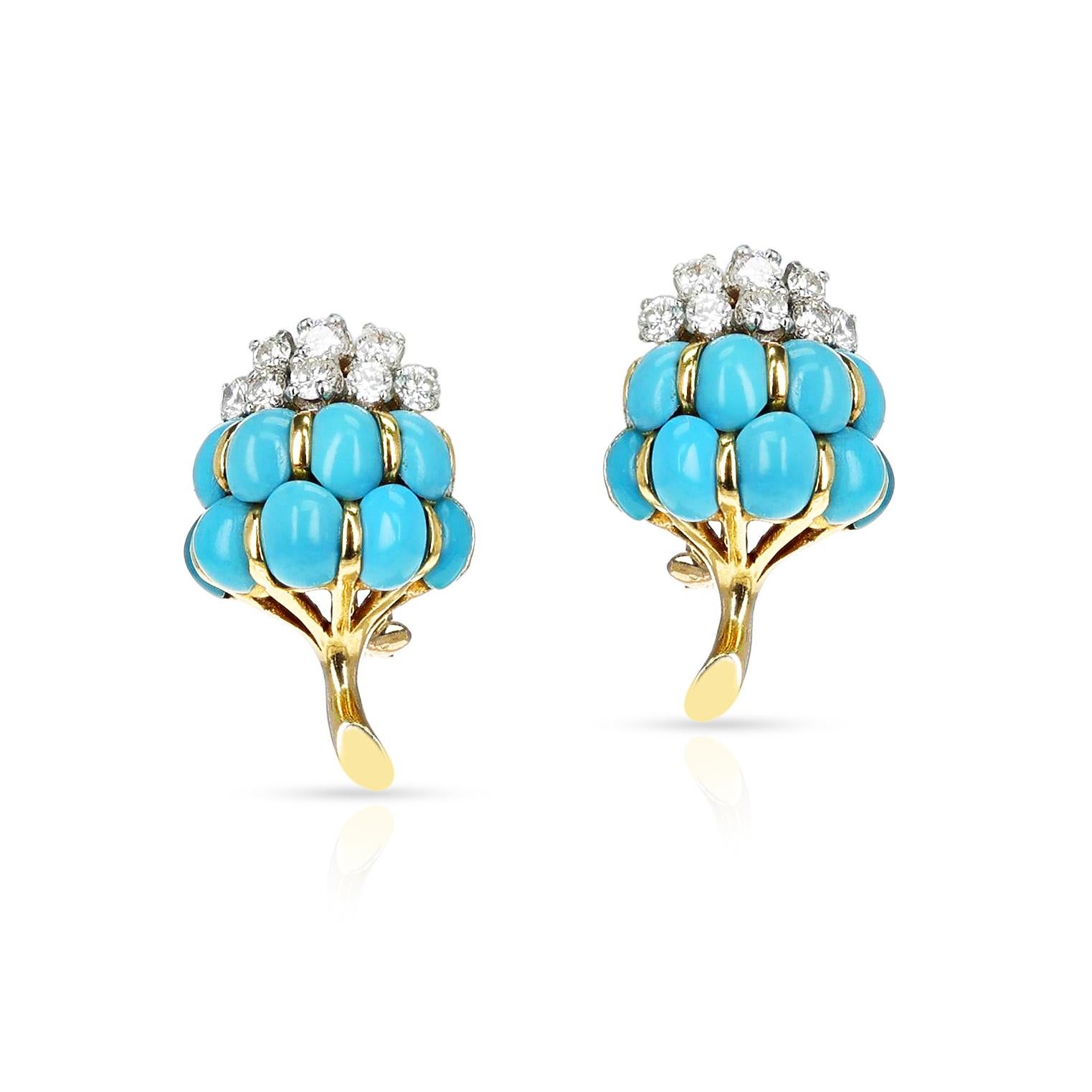 Women's or Men's Van Cleef & Arpels Turquoise Cabochon & Diamond Flower Brooch & Earring Set, 18k