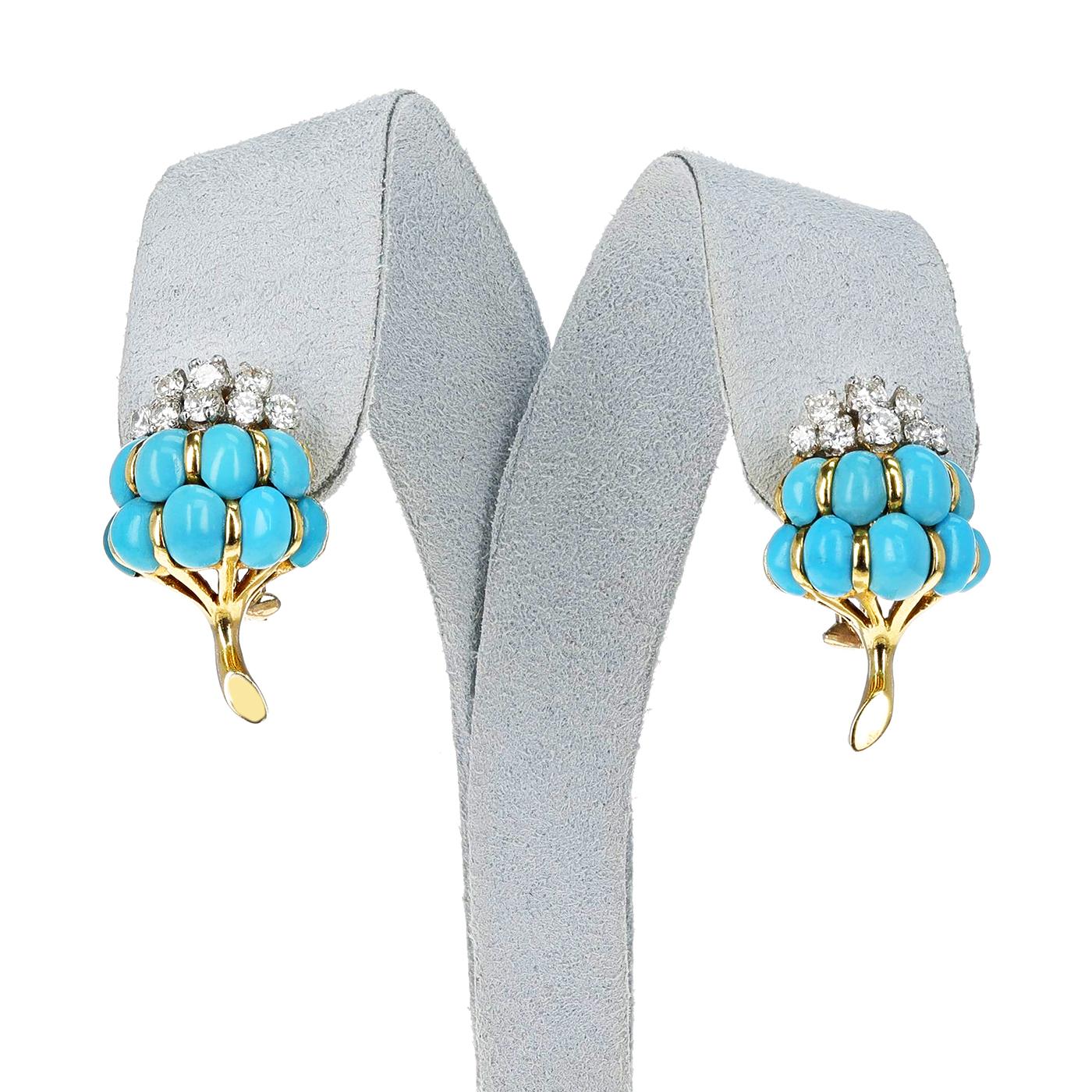 Van Cleef & Arpels Turquoise Cabochon & Diamond Flower Brooch & Earring Set, 18k 1