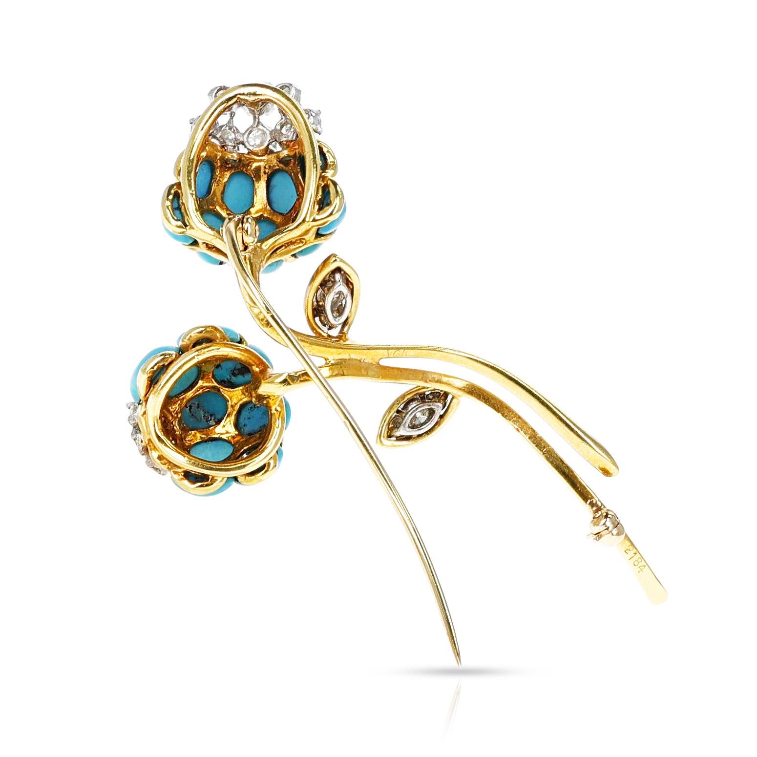 Van Cleef & Arpels Turquoise Cabochon & Diamond Flower Brooch & Earring Set, 18k 2