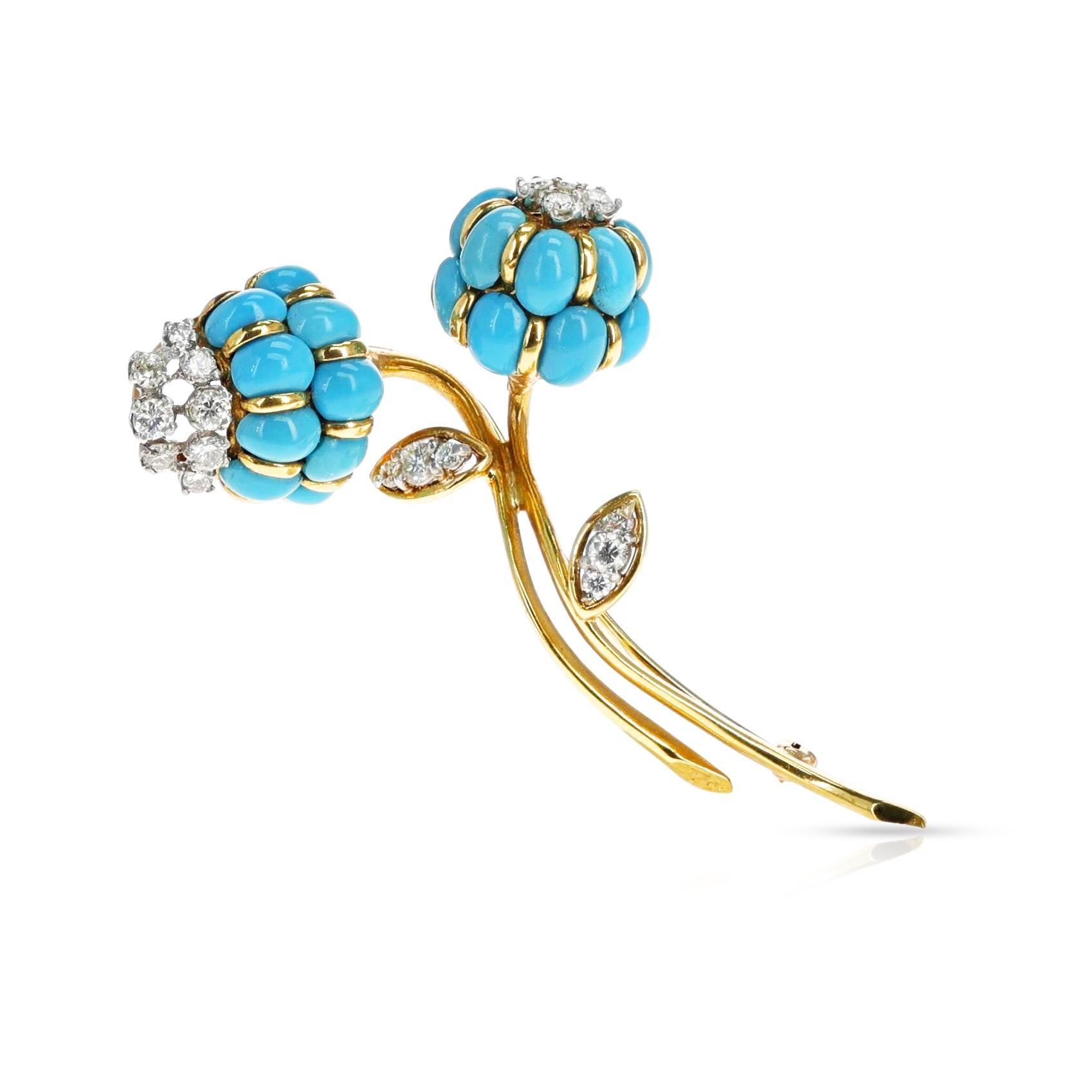 Van Cleef & Arpels Turquoise Cabochon & Diamond Flower Brooch & Earring Set, 18k 3