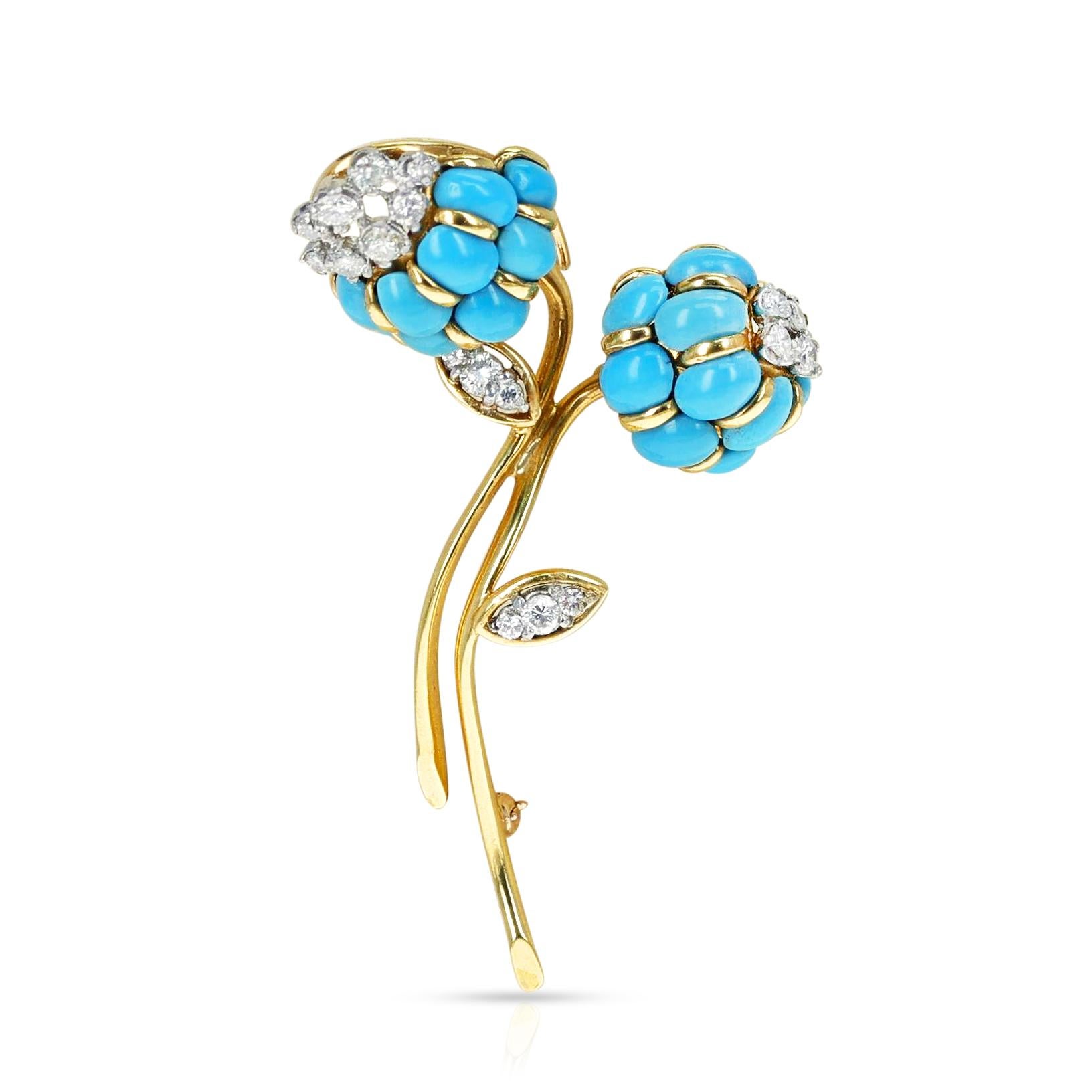 Van Cleef & Arpels Turquoise Cabochon & Diamond Flower Brooch & Earring Set, 18k 4