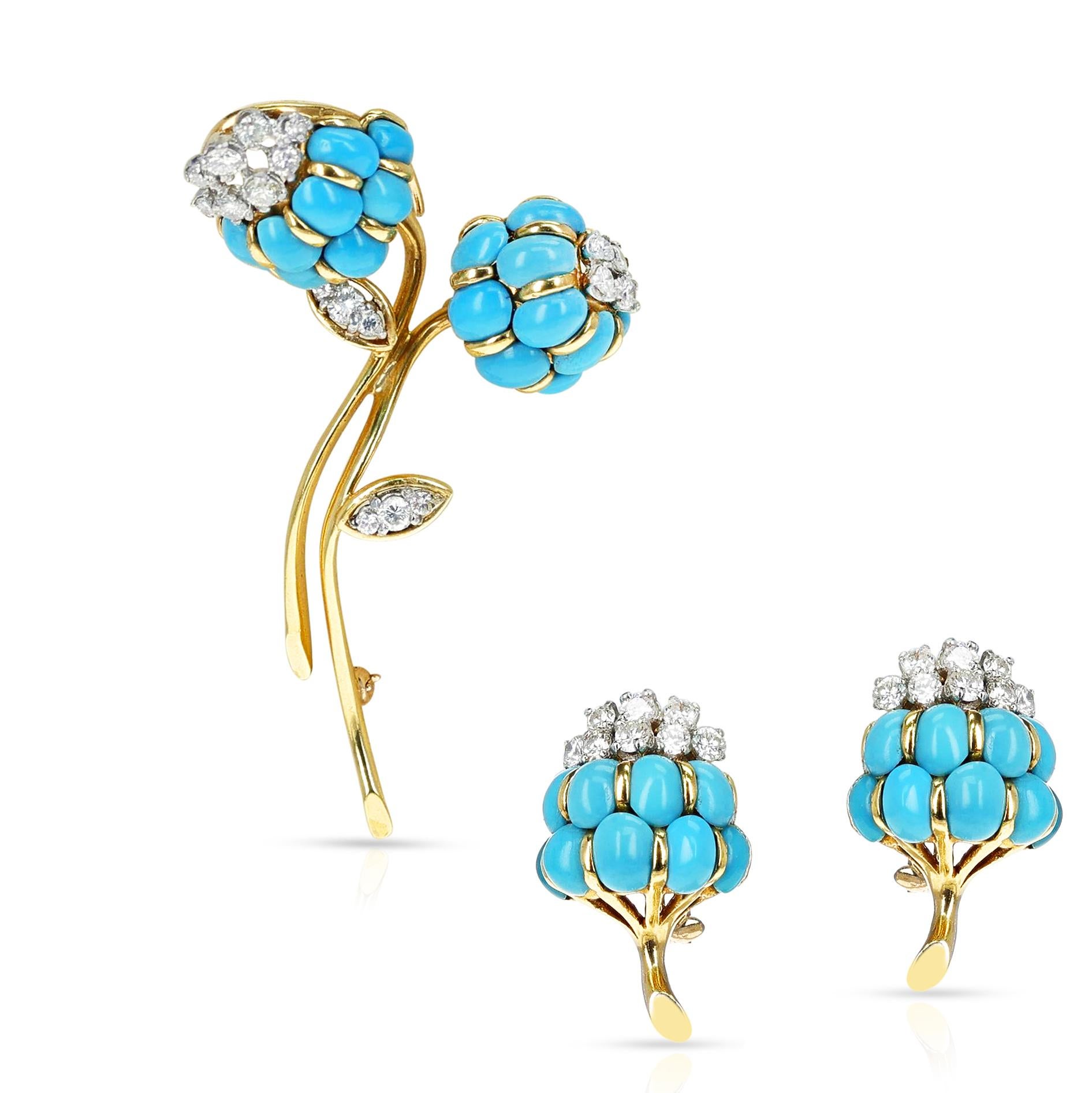 Van Cleef & Arpels Turquoise Cabochon & Diamond Flower Brooch & Earring Set, 18k 5