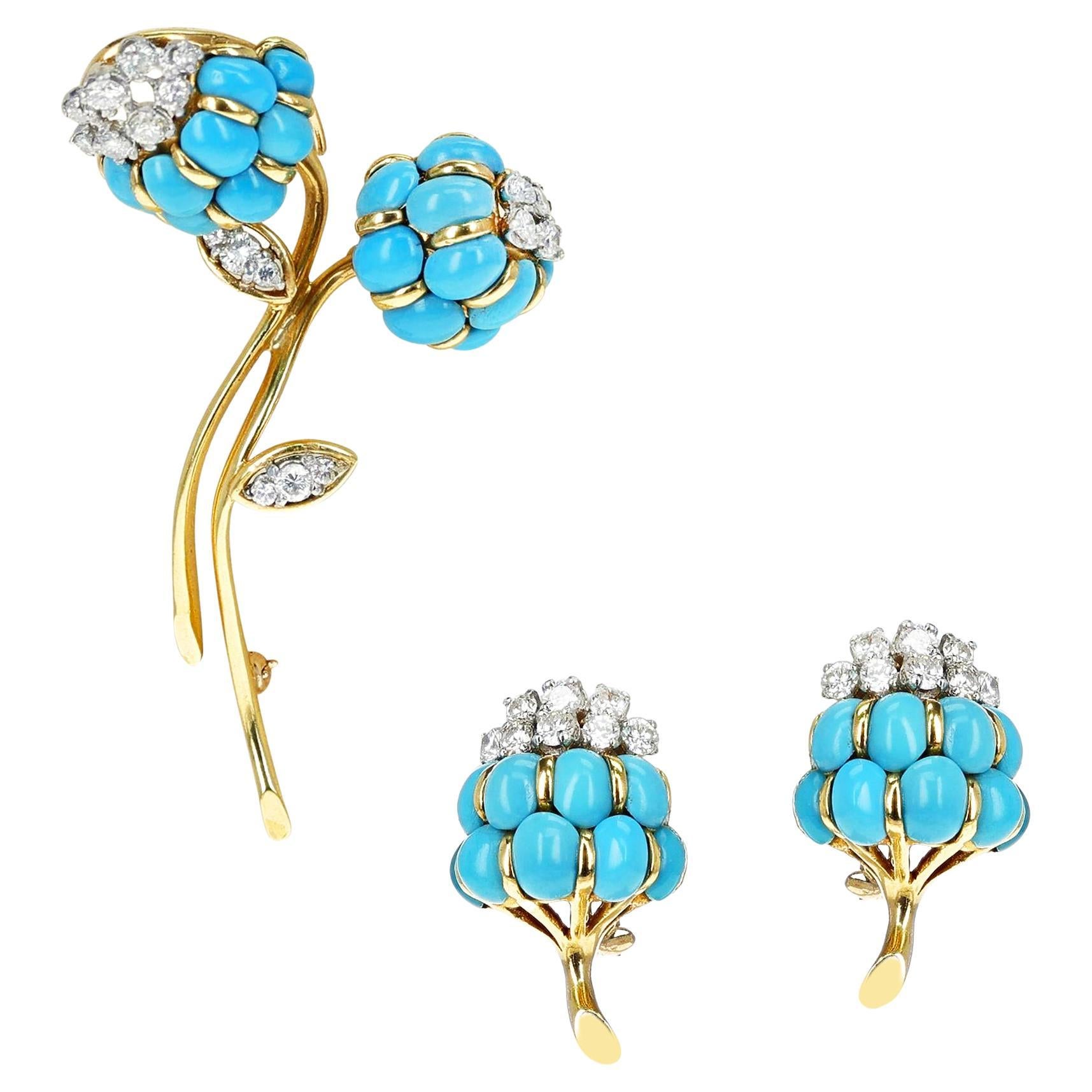 Van Cleef & Arpels Turquoise Cabochon & Diamond Flower Brooch & Earring Set, 18k