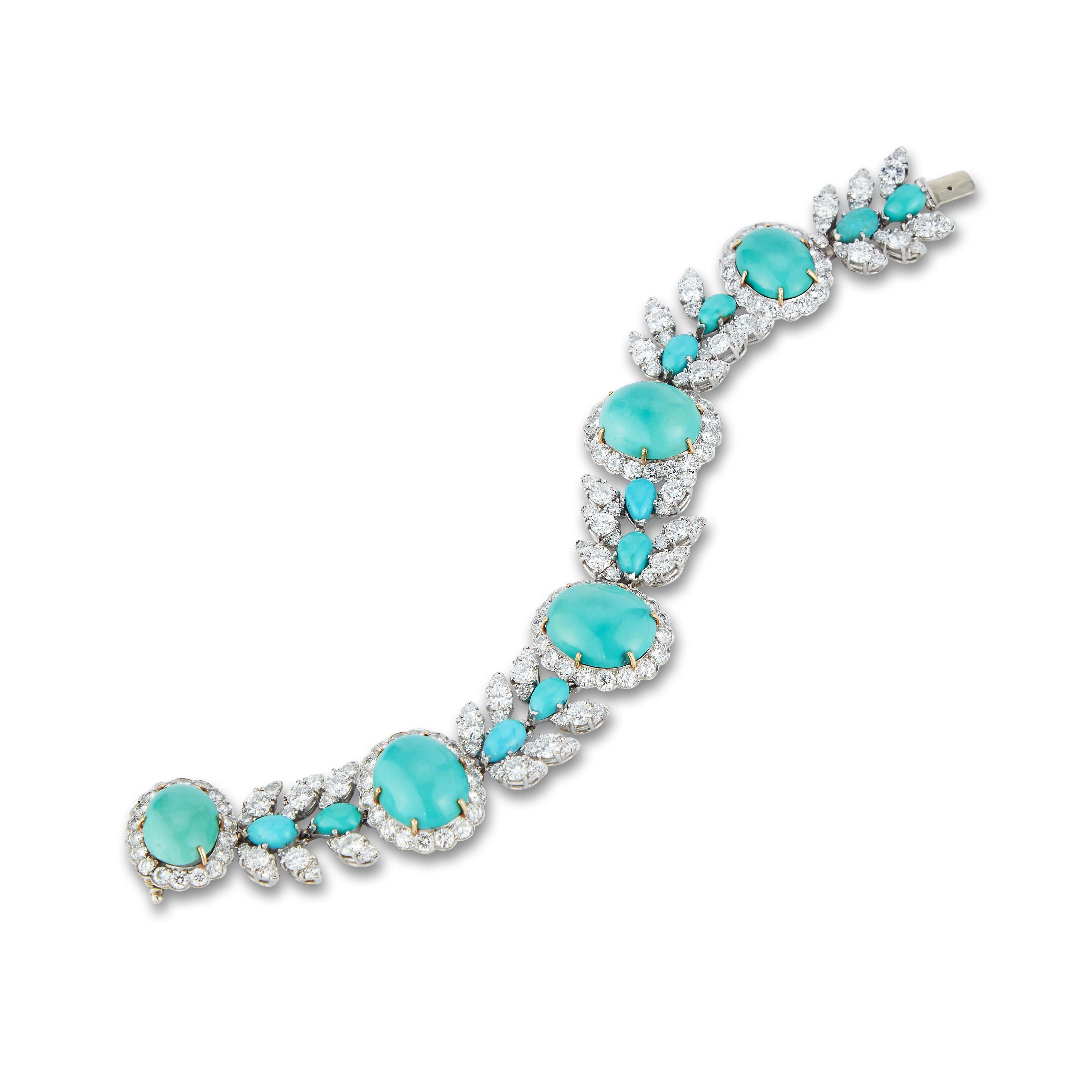 Van Cleef & Arpels Turquoise & Diamond Bracelet,  circa 1960, cabochon turquoise designed as a series of 5 oval clusters including pear shape turquoise & round cut diamonds.

Diamond Weight:  approximately 16.00 cts 

Measurements: 6.75