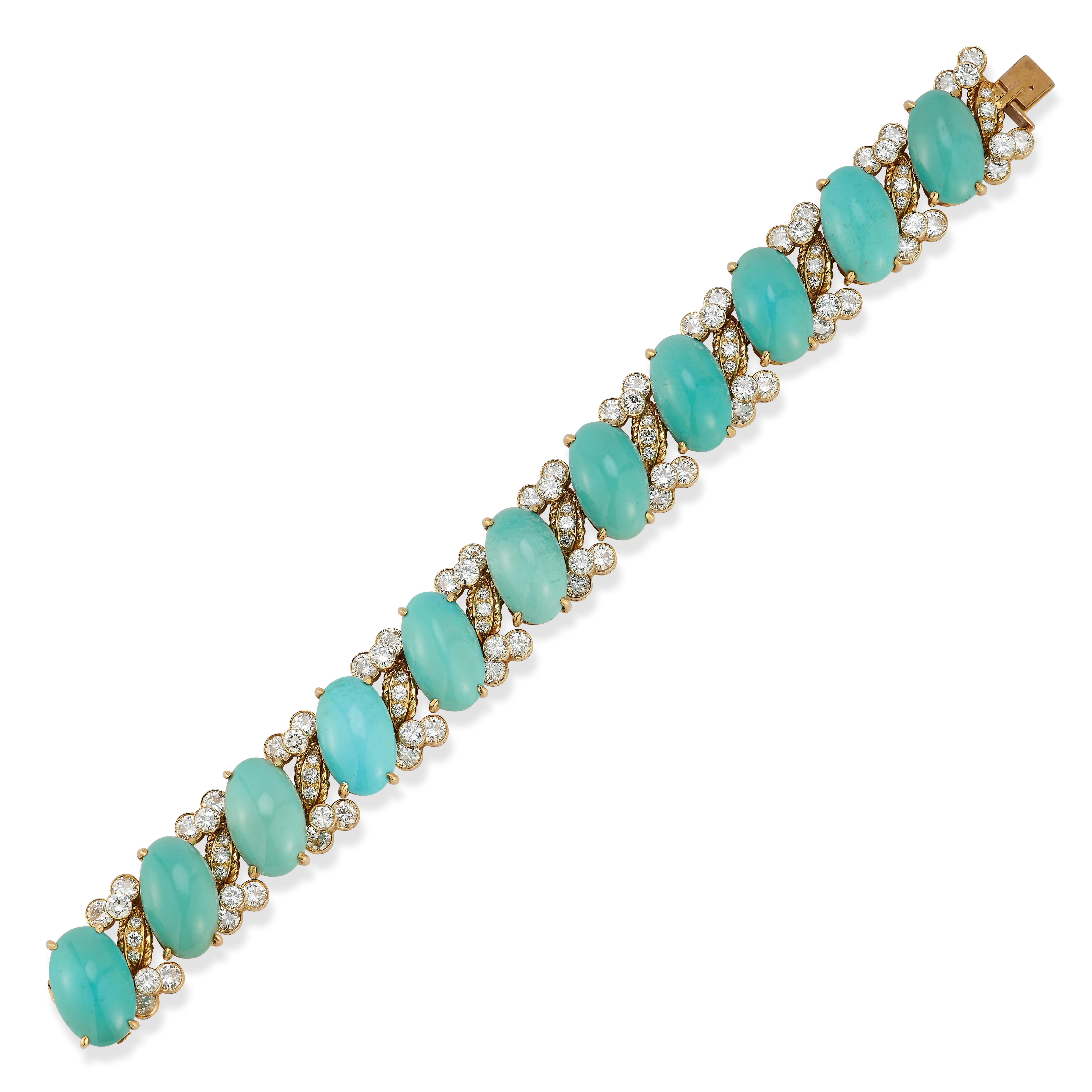 Van Cleef & Arpels Turquoise & Diamond Bracelet

An 18 karat yellow gold bracelet with alternating links set with round cut diamonds and cabochon turquoise 

Signed VC&A and numbered

Length: 7.5