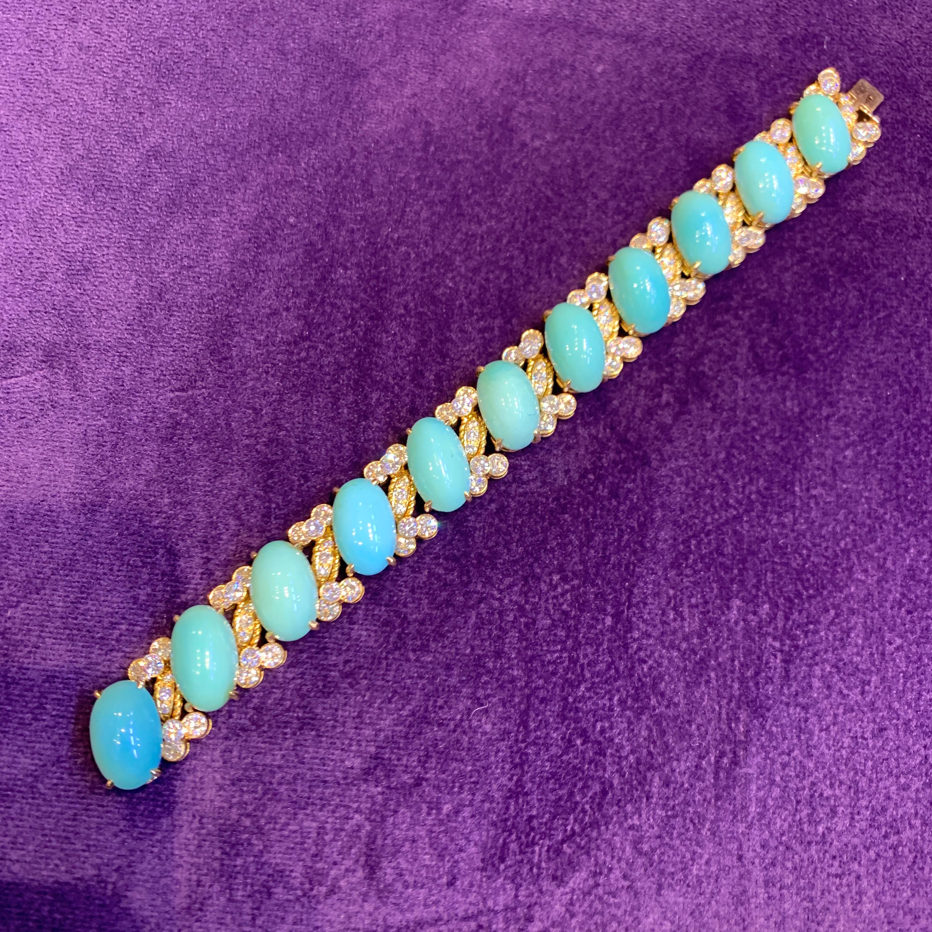 Round Cut Van Cleef & Arpels Turquoise & Diamond Bracelet For Sale