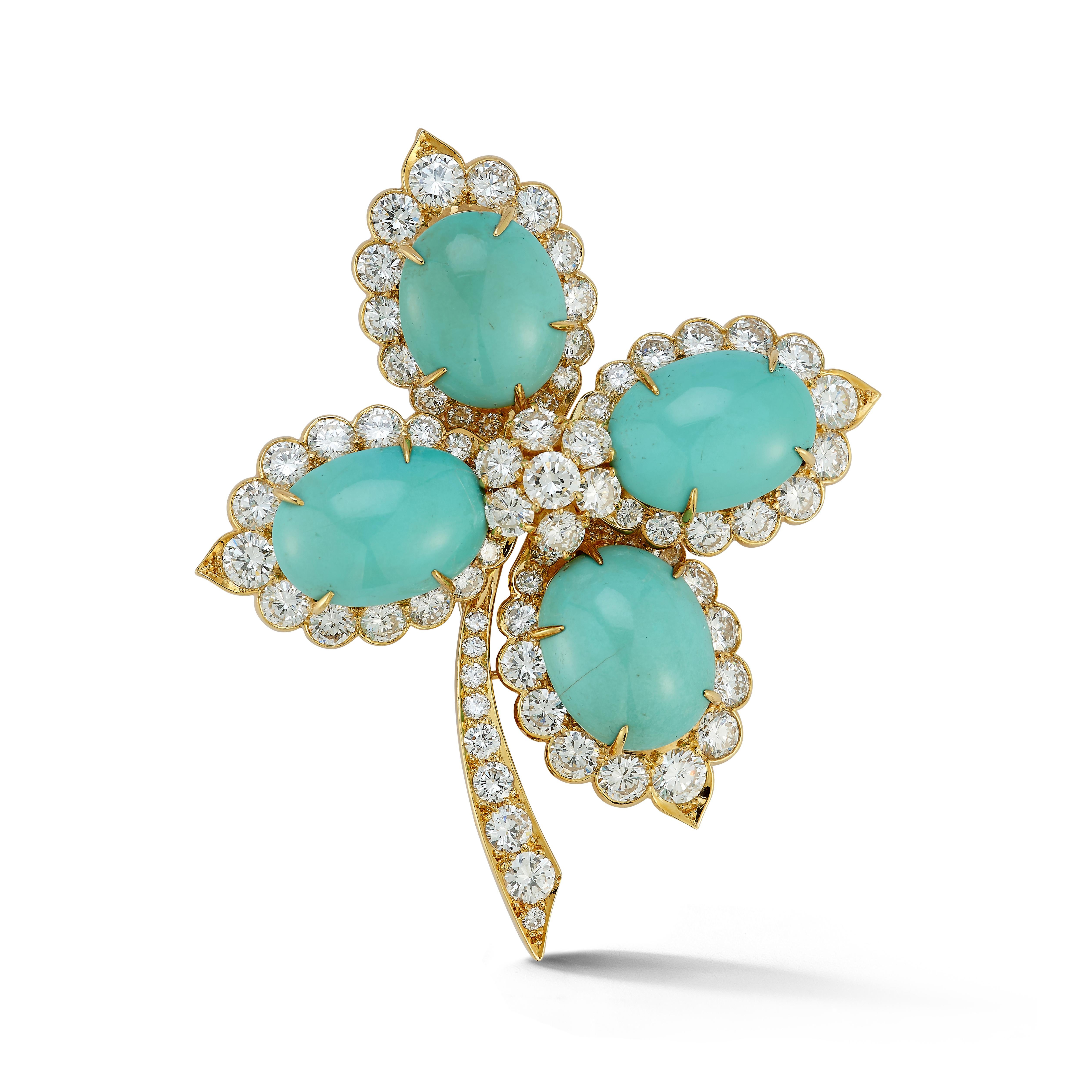 Van Cleef & Arpels Turquoise & Diamond Brooch

An 18 karat yellow gold flower motif brooch set with 76 round cut diamonds and 4 cabochon turquoise 

Signed Van Cleef & Arpels N.Y. and numbered

Measurements: 2.5