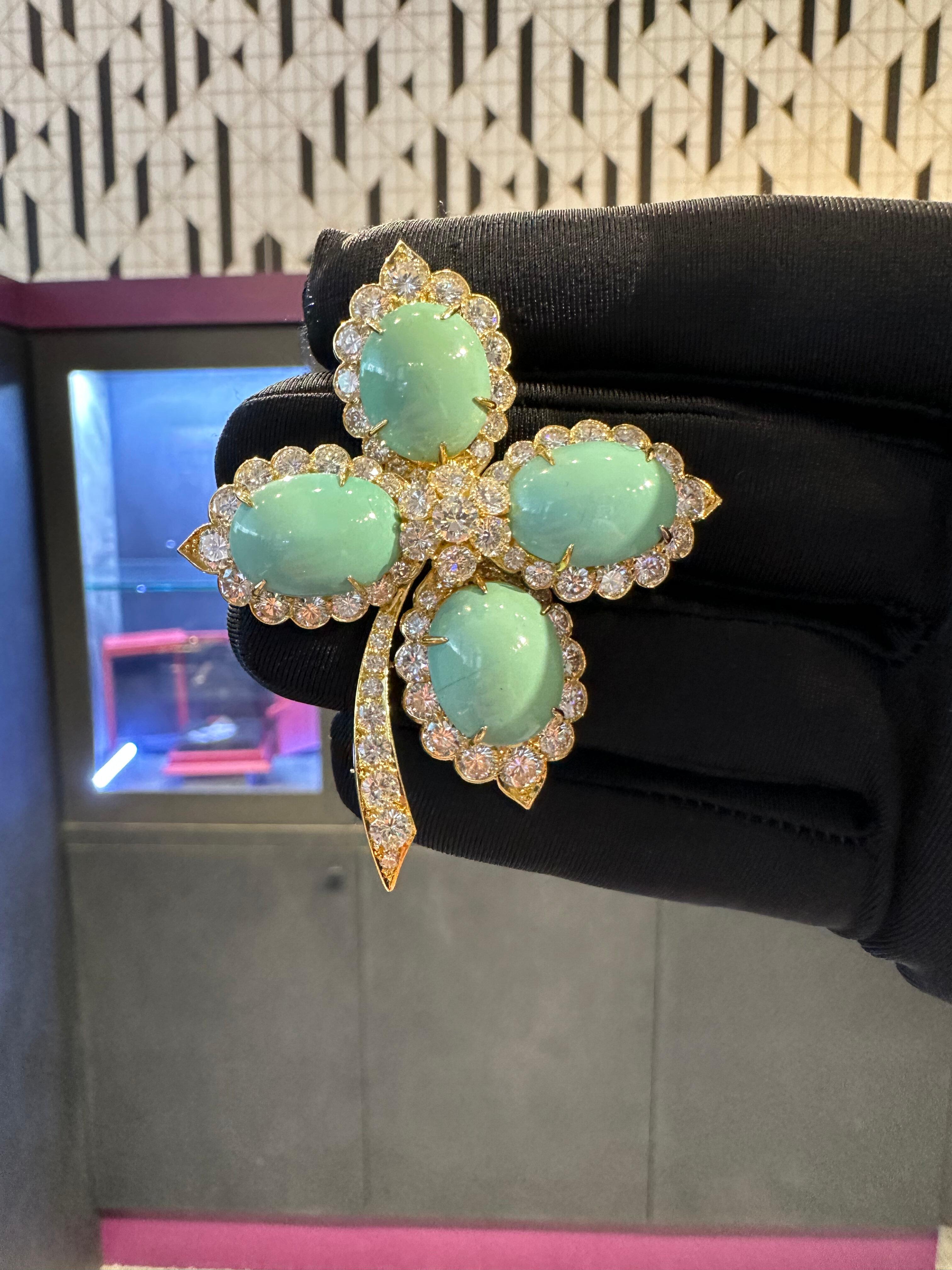 Round Cut Van Cleef & Arpels Turquoise & Diamond Brooch For Sale