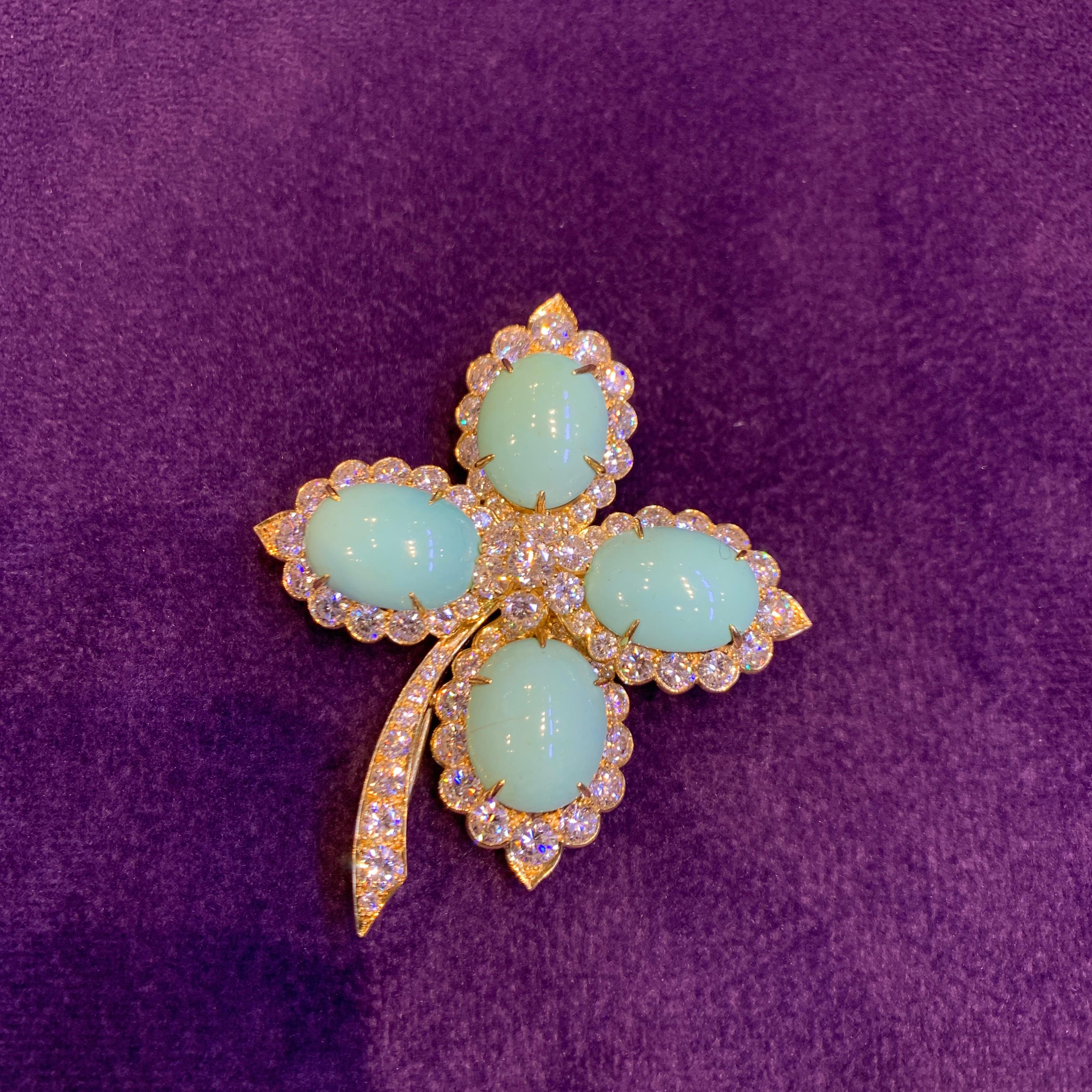 Van Cleef & Arpels Turquoise & Diamond Brooch For Sale 2