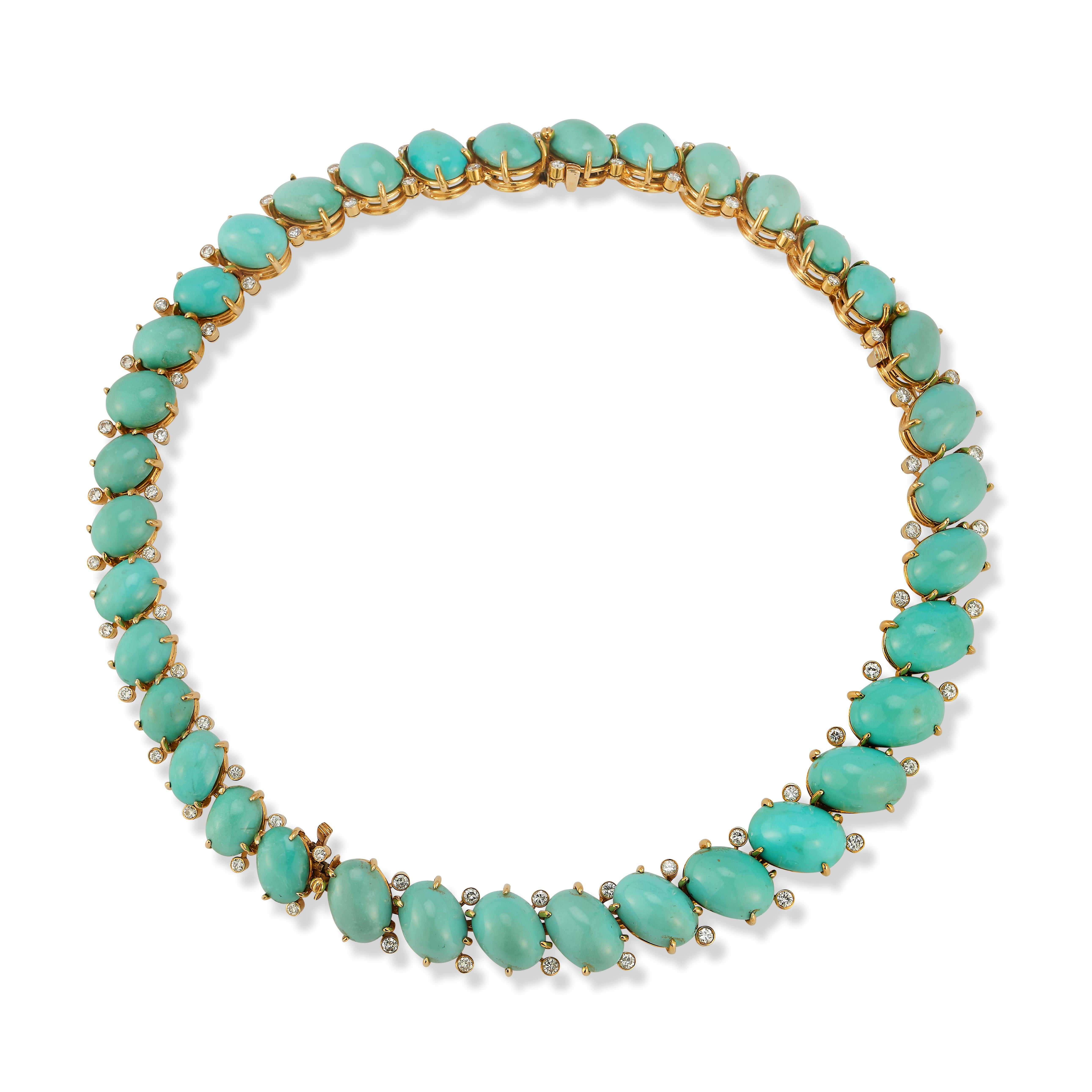 Van Cleef & Arpels Turquoise & Diamond Convertible Necklace

An 18 karat yellow gold necklace set with cabochon turquoise and round cut diamonds. The necklace is made of 3 sections and can be separated into a pair of bracelets and an