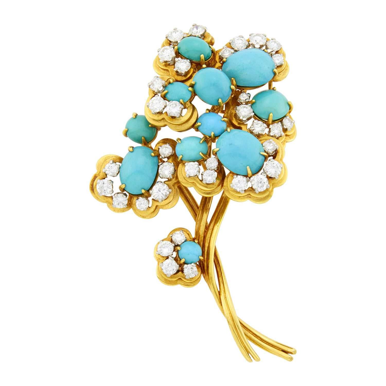 Van Cleef & Arpels Turquoise & Diamond Flower Bouquet Brooch.  

A bouquet brooch set with 11 turquoise and 35 round diamonds approximately 3.25 cts. 

Signed: Van Cleef & Arpels and numbered
Stamped: Made in France, with maker's mark

Measures