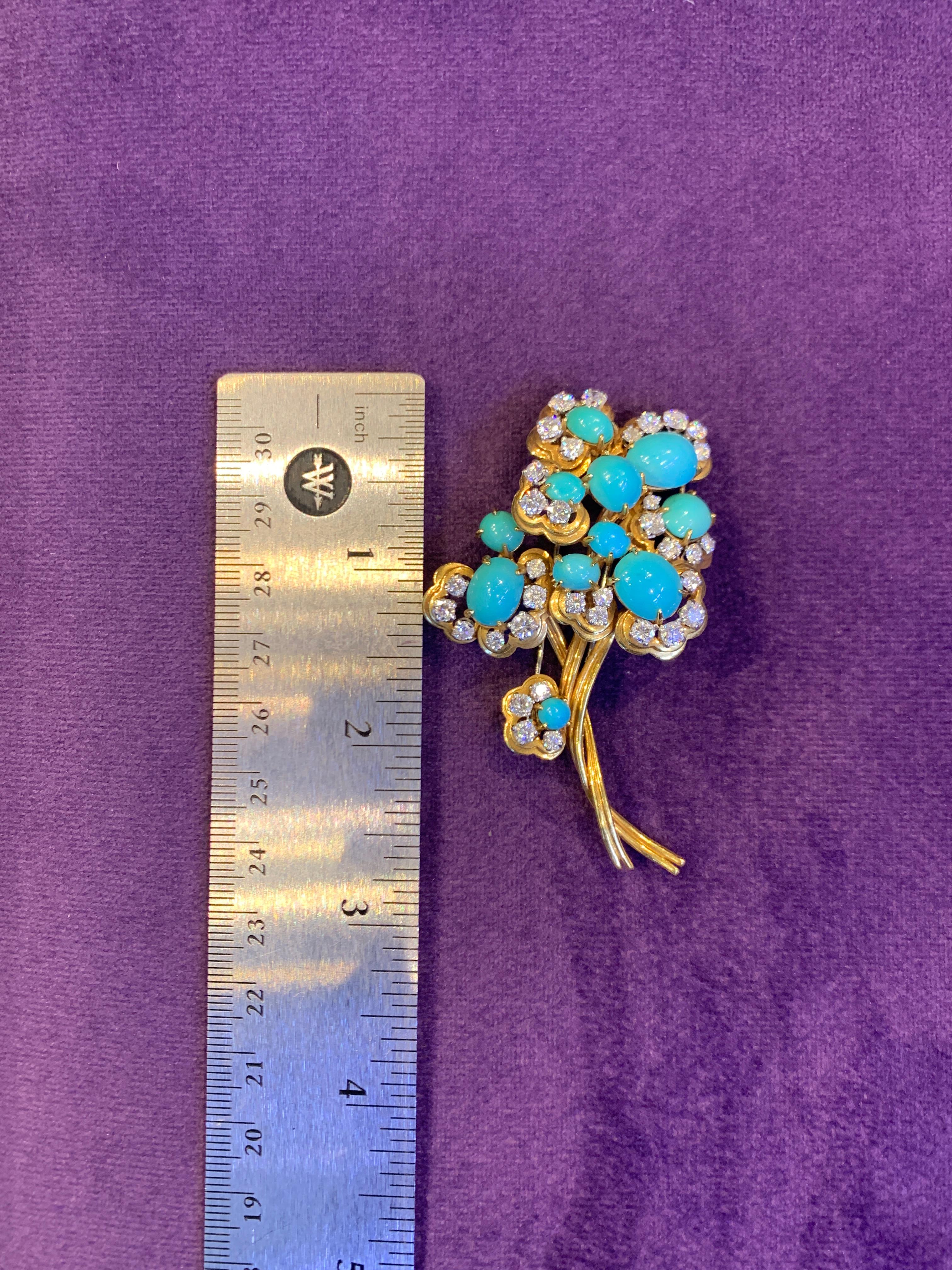 Van Cleef & Arpels Turquoise & Diamond Flower Brooch  In Excellent Condition For Sale In New York, NY