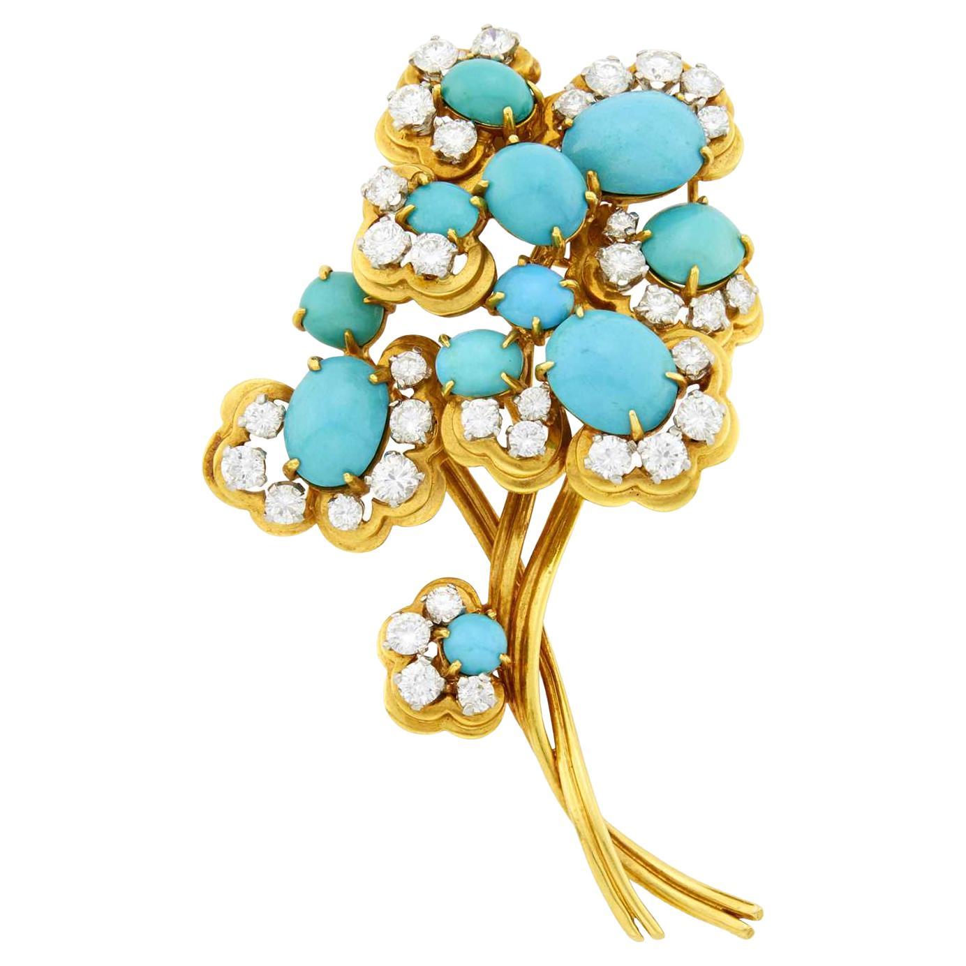 Van Cleef & Arpels Turquoise & Diamond Flower Brooch  For Sale