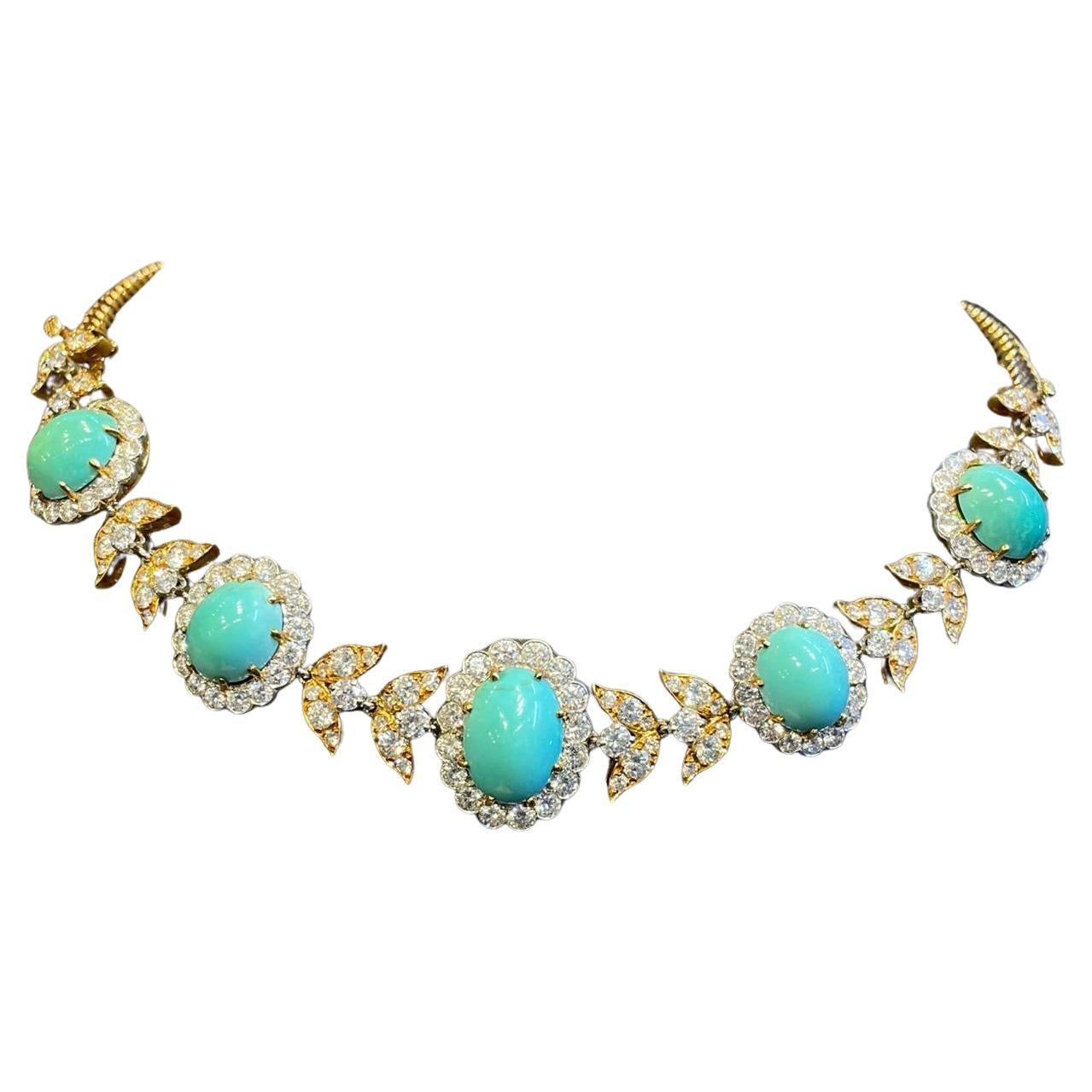 Van Cleef & Arpels Turquoise & Diamond Necklace

Circa 1955. 

Cabochon turquoise designed as a series of 5 oval graduated clusters with 2 leaf motif intersections, consisting of round cut diamonds & a chevron link chain. Converts into a