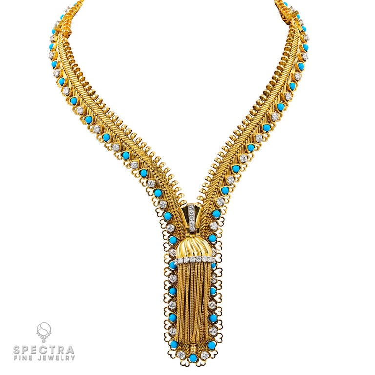 Van Cleef & Arpels Turquoise & Diamond Zip Necklace in 18k Yellow Gold