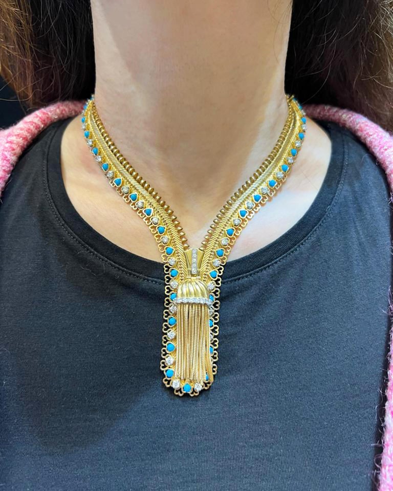 Van Cleef and Arpels Turquoise and Diamond Zip Necklace in 18k