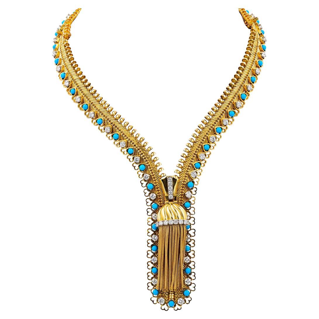 Van Cleef & Arpels Halskette mit Reißverschluss aus 18 Karat Gelbgold mit Türkis und Diamanten