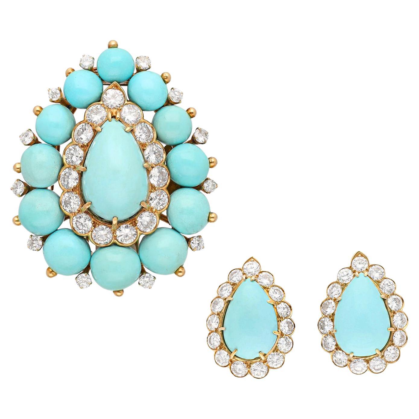 VAN CLEEF & ARPELS Turquoise Ear Clips and Brooch