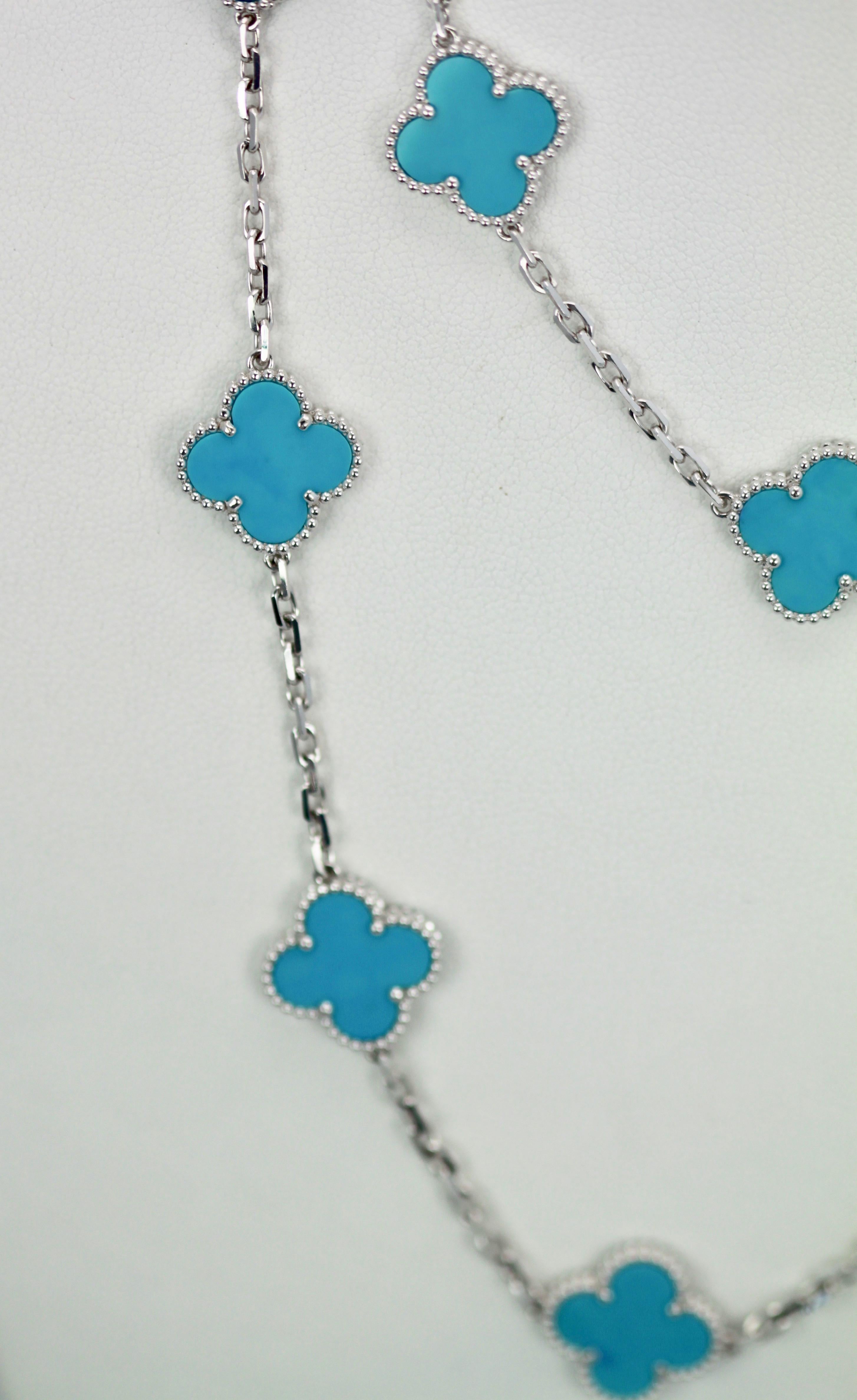 Van Cleef & Arpels Turquoise Long Alhambra Necklace 20 Motifs In Excellent Condition In North Hollywood, CA