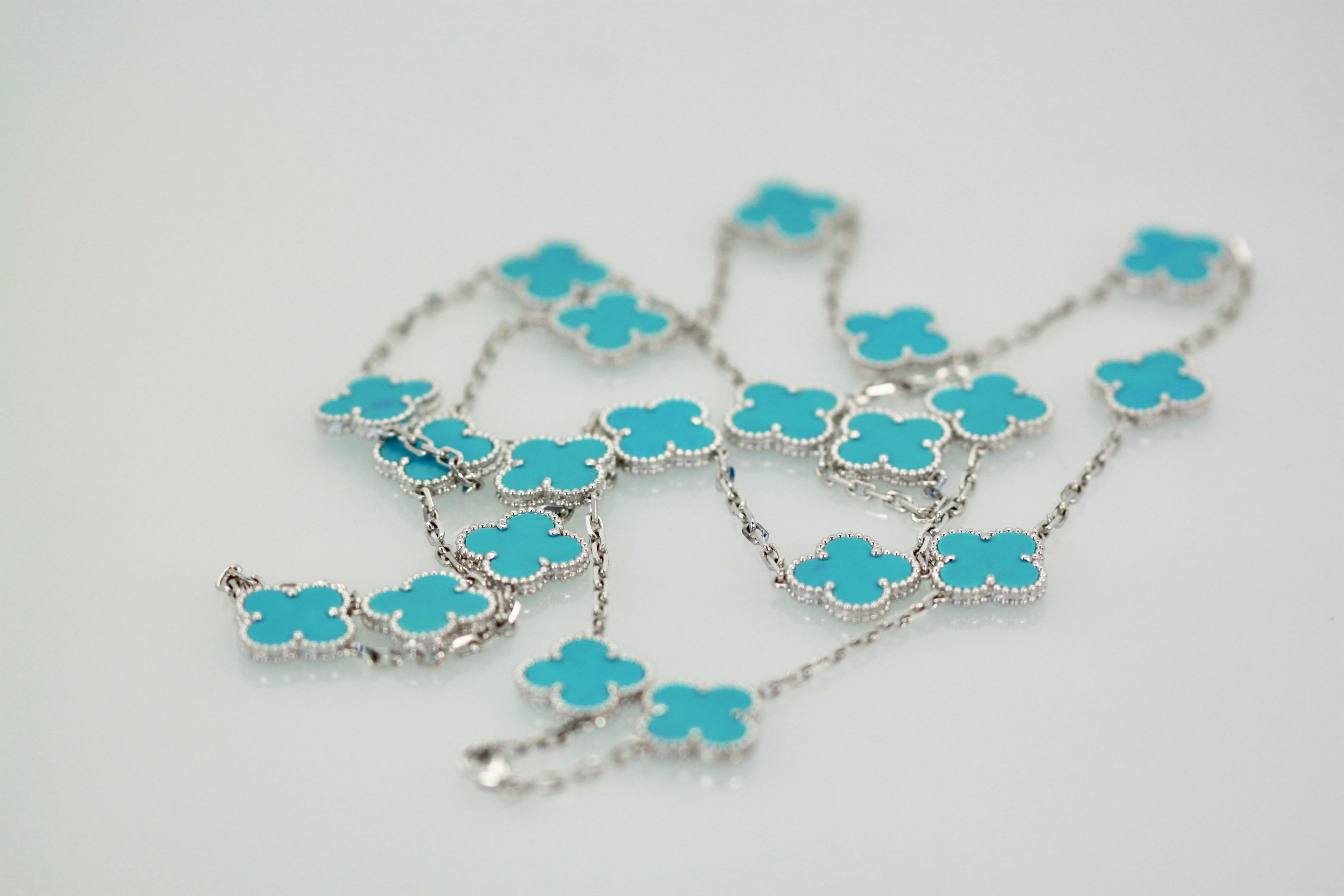 This Alhambra Necklace is made in 18K white gold and gorgeous Persian Turquoise, which they no longer make.  Since this is in white gold it is more coveted than yellow gold which is common this will not last long.  This necklace is the 20 motif