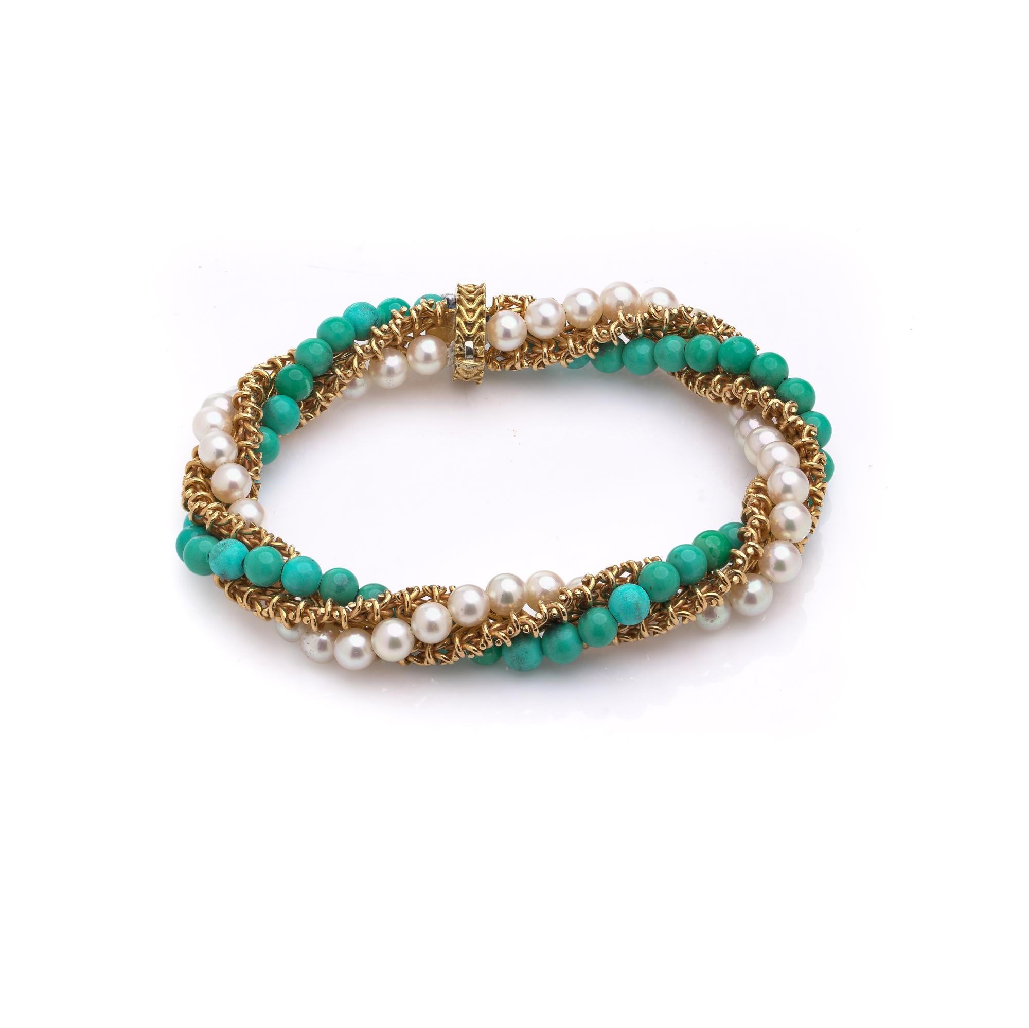 Pulsera Van Cleef & Arpels de turquesa, perlas y oro, alrededor de los años 1960-1970 en Excelente estado para la venta en Braintree, GB