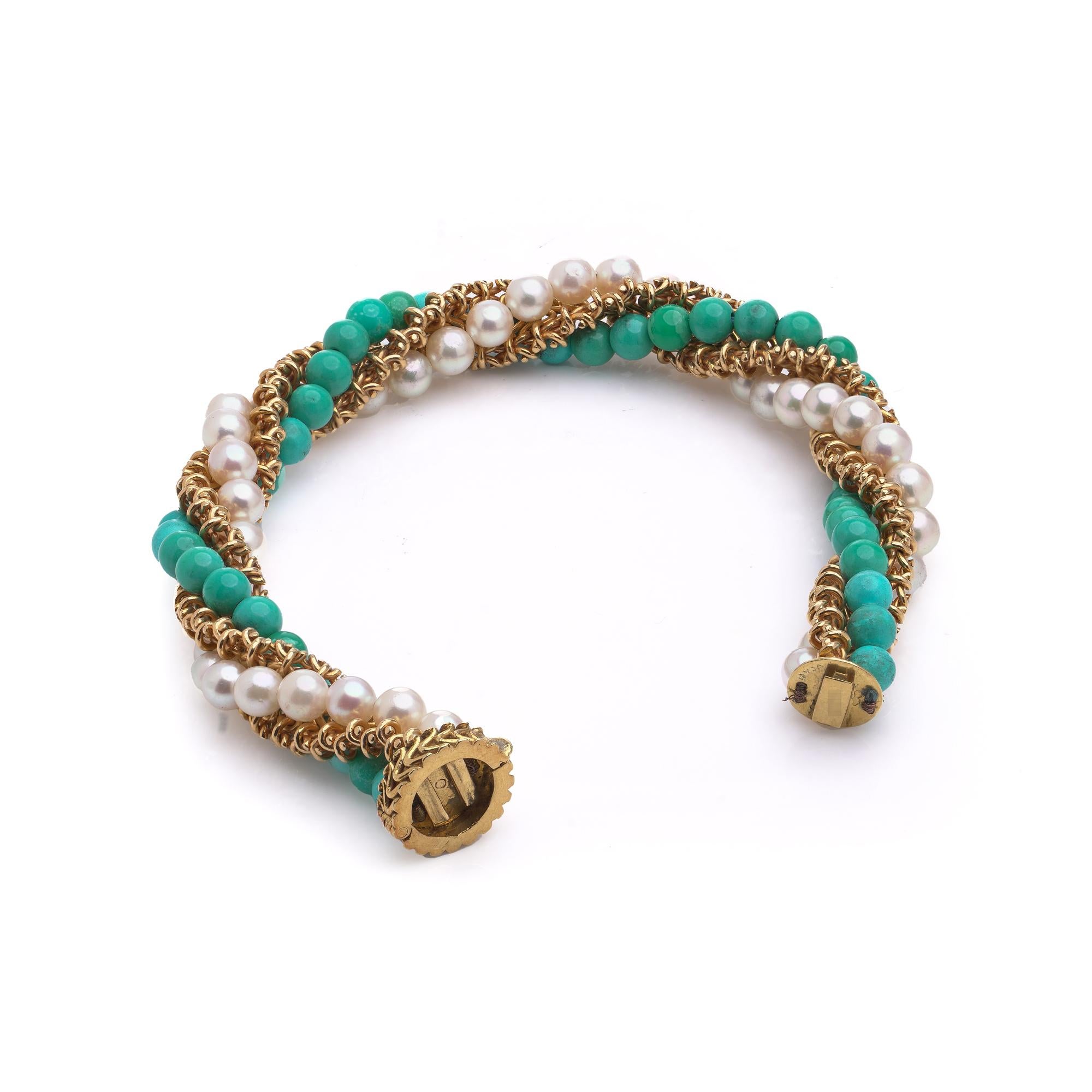 Pulsera Van Cleef & Arpels de turquesa, perlas y oro, alrededor de los años 1960-1970 en venta 3