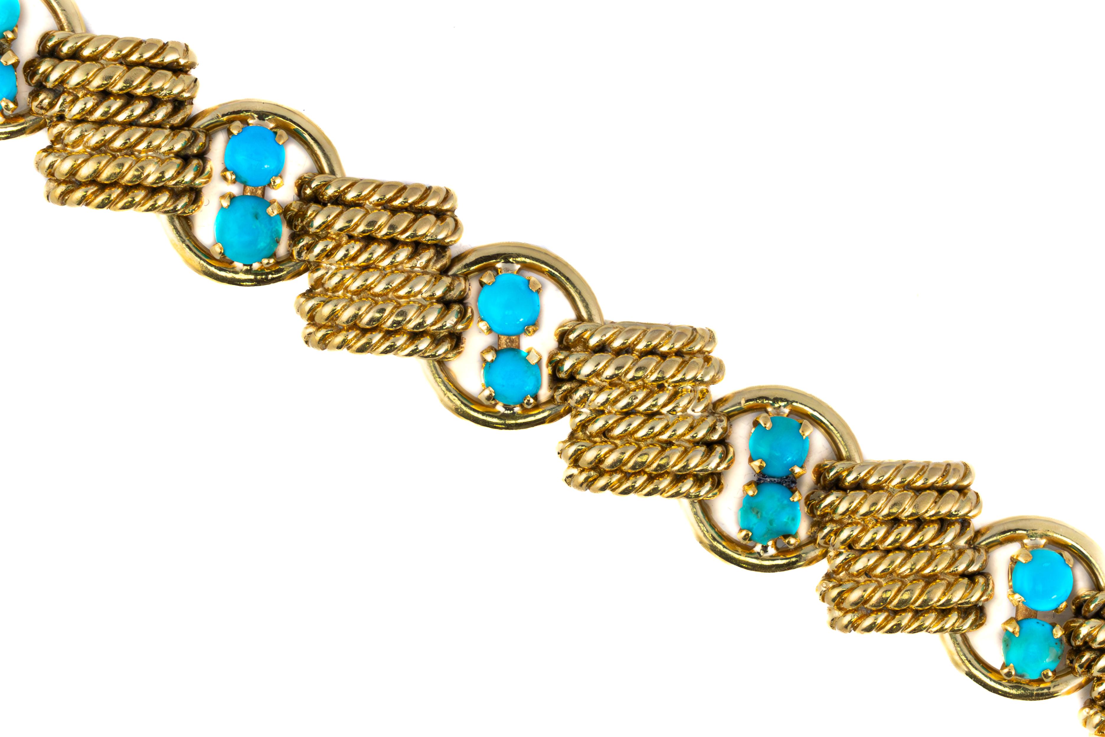 Van Cleef & Arpels Turquoise Rope Motif Bracelet

Description:
A charming Van Cleef & Arpels bracelet featuring vibrant round turquoise cabochons set between rope-textured gold links. The alternating pattern and fine craftsmanship evoke the house’s