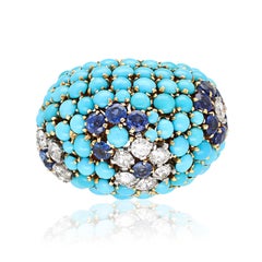 VAN CLEEF & ARPELS Turquoise, Sapphire, and Diamond Flower Dome Ring