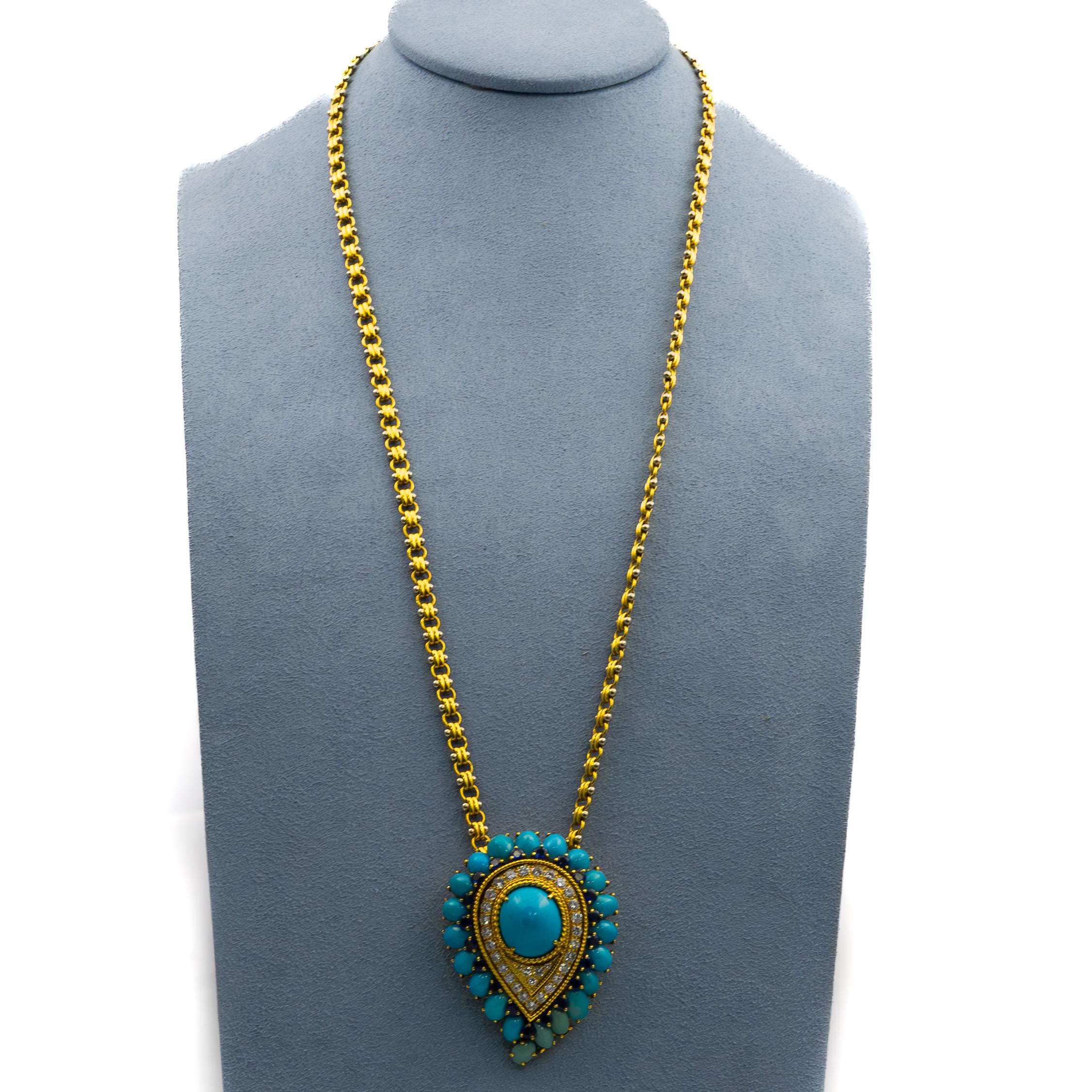 Van Cleef & Arpels Turquoise, Sapphire, and Diamond Pendant Necklace

This exquisite piece by Van Cleef & Arpels is a testament to the brand’s iconic craftsmanship and design. At the center lies a striking cabochon turquoise, surrounded by