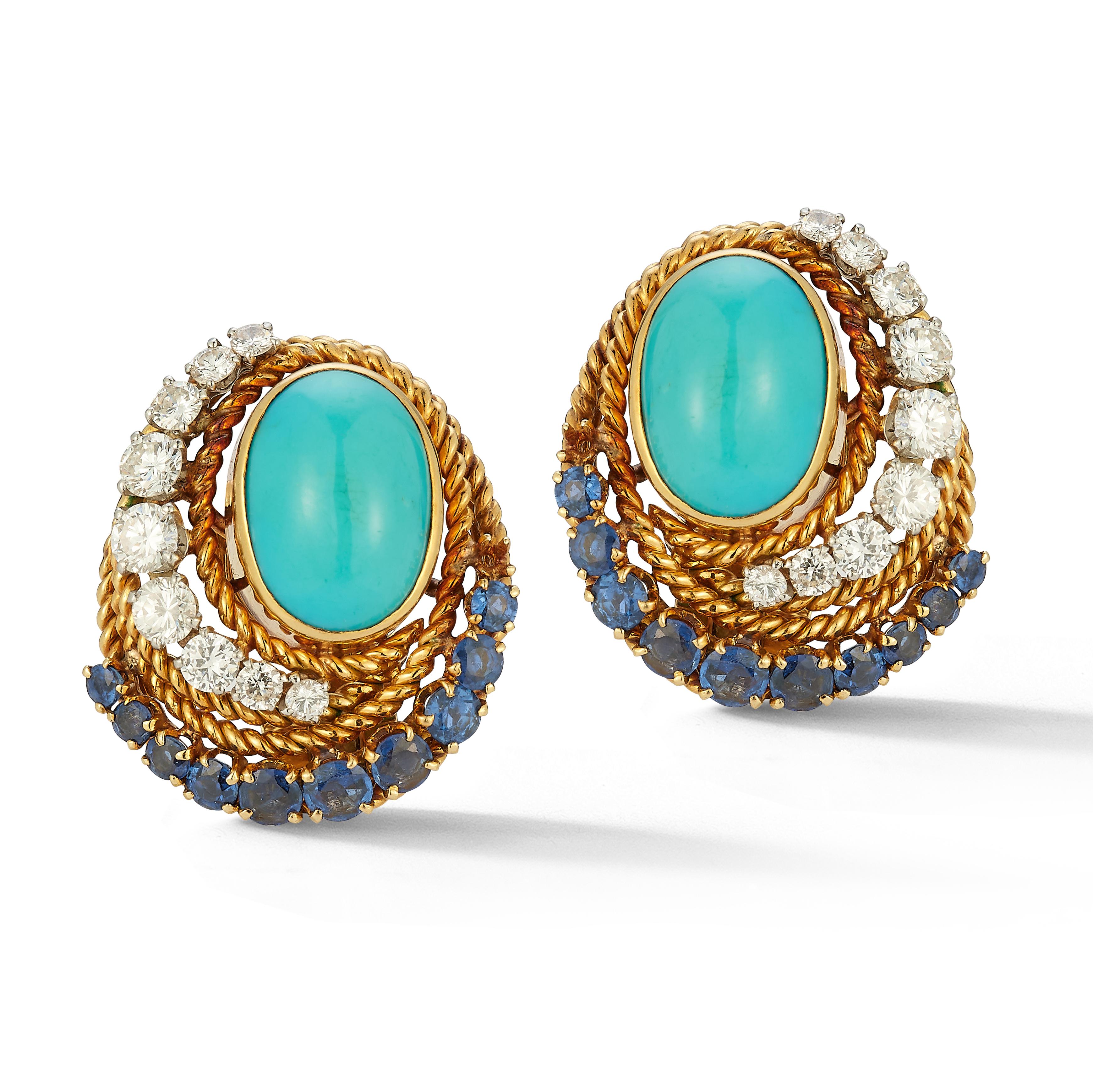 Van Cleef & Arpels Turquoise Sapphire & Diamond Earrings

A pair of 18 karat gold and platinum earrings set with cabochon turquoises, round cut sapphires, and round cut diamonds

Signed Van Cleef & Arpels and numbered

Makers mark for Péry

Length: