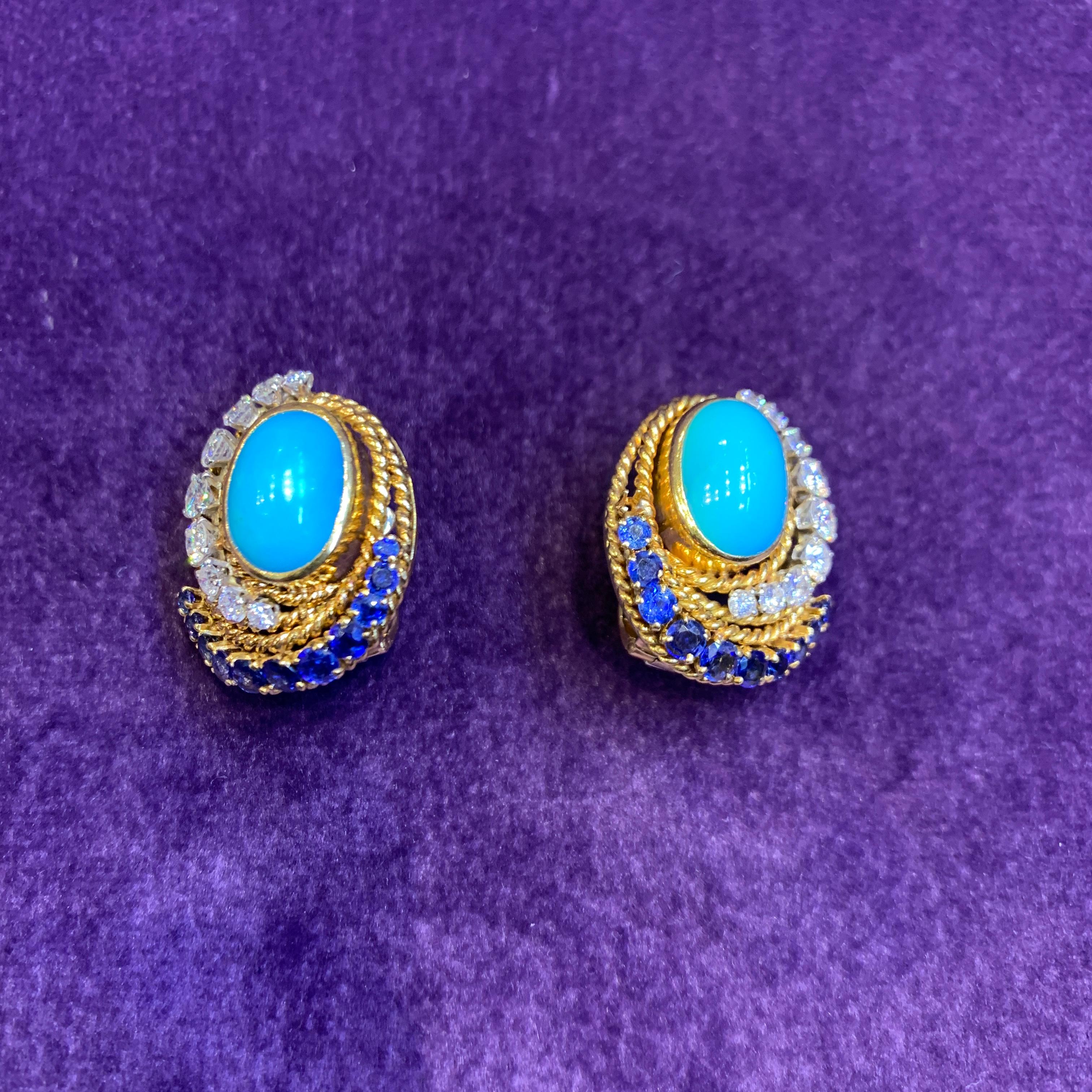 Van Cleef & Arpels Turquoise Sapphire & Diamond Earrings In Excellent Condition For Sale In New York, NY