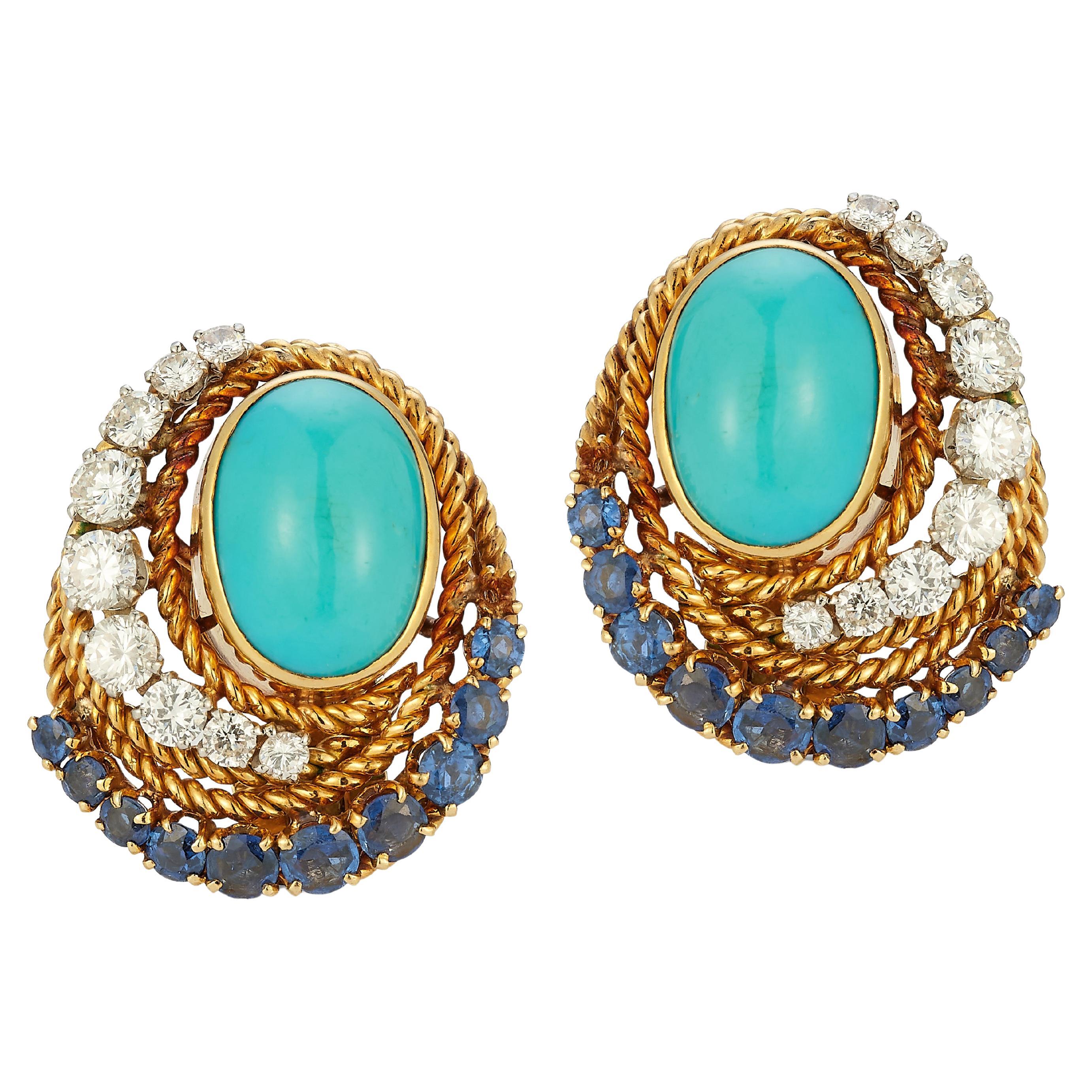 Van Cleef & Arpels Turquoise Sapphire & Diamond Earrings For Sale