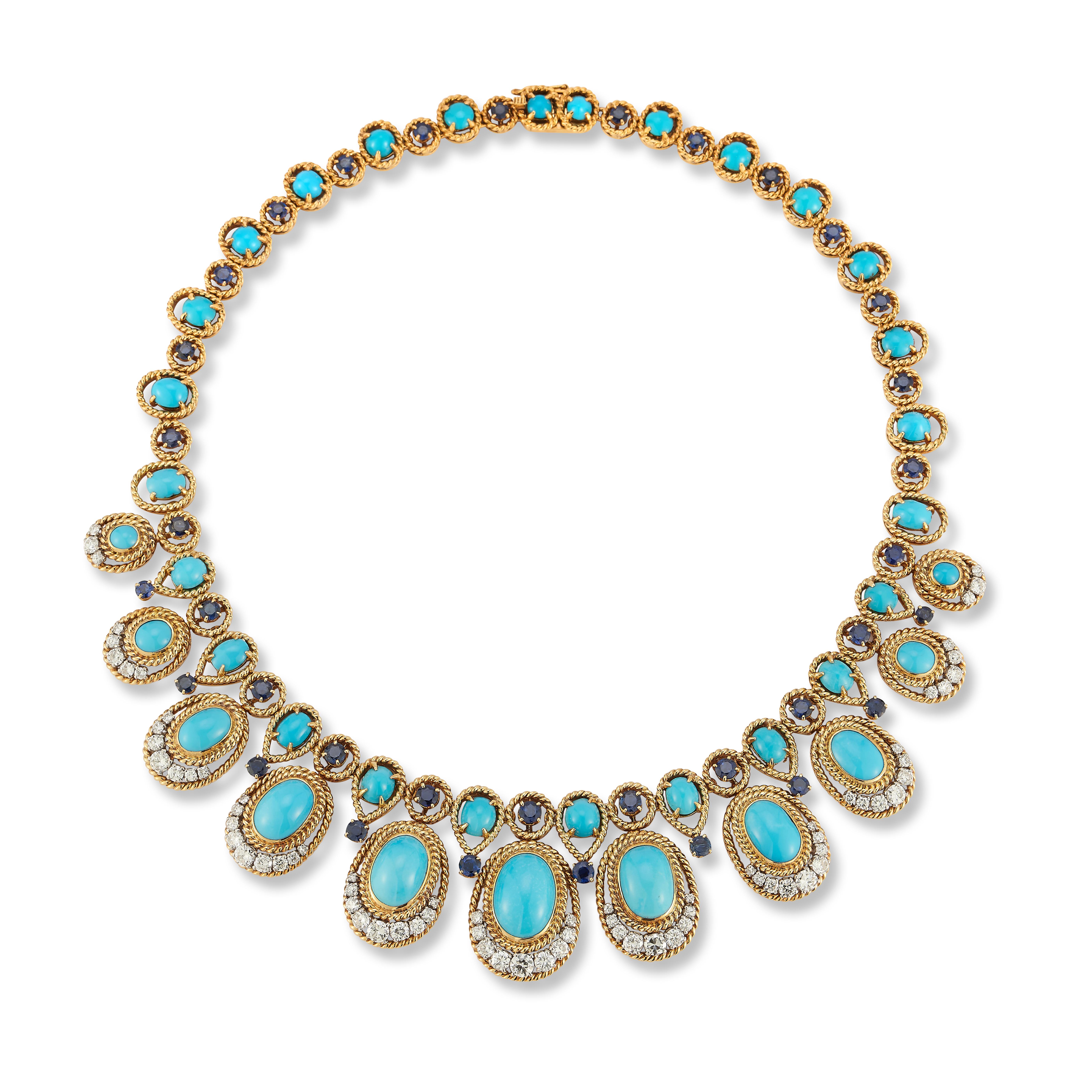 Van Cleef & Arpels Turquoise Sapphire & Diamond Necklace

An 18 karat gold and platinum necklace set with cabochon turquoises, round cut sapphires, and round cut diamonds

Signed Van Cleef & Arpels and numbered

Makers mark for Péry

Length: