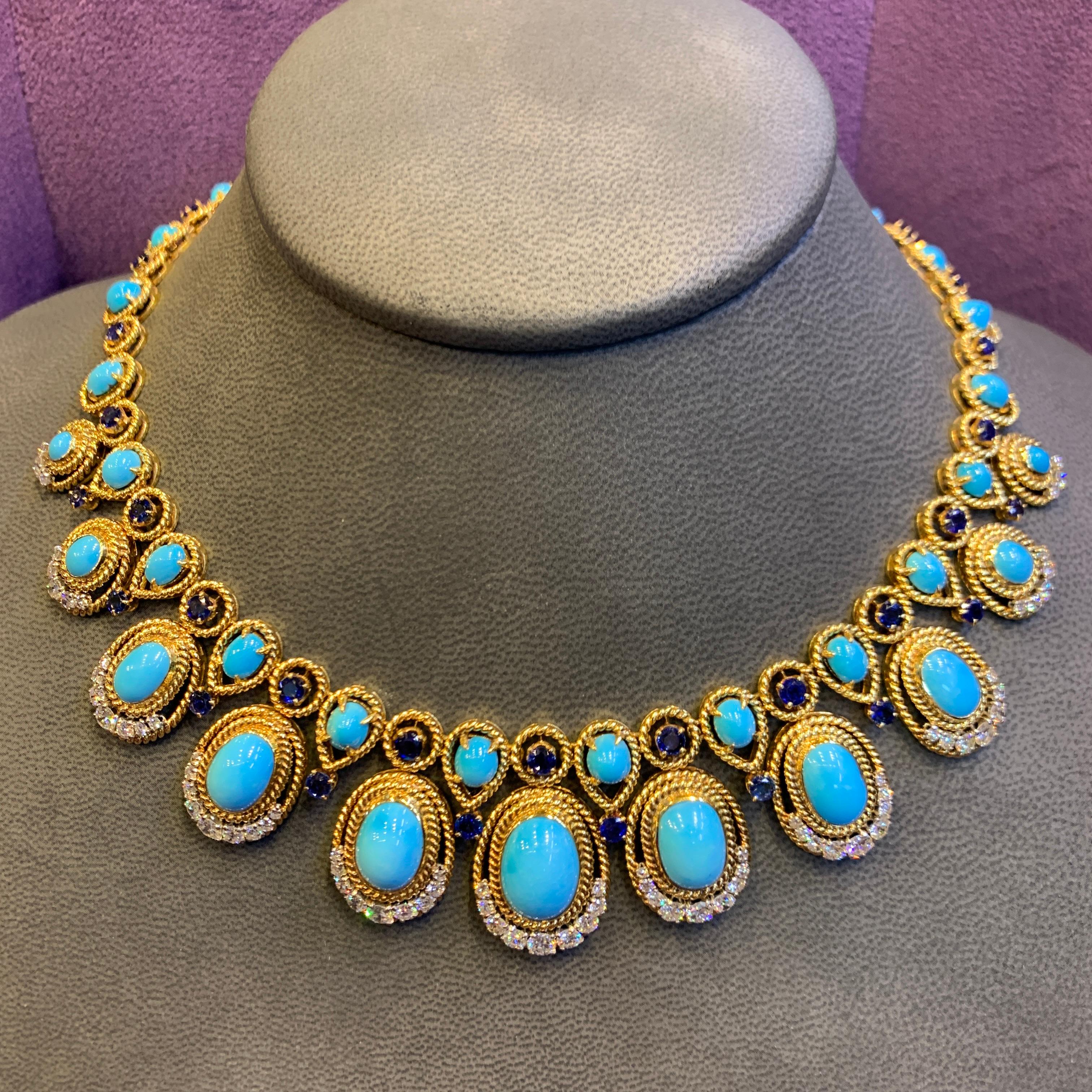 Round Cut Van Cleef & Arpels Turquoise Sapphire & Diamond Necklace