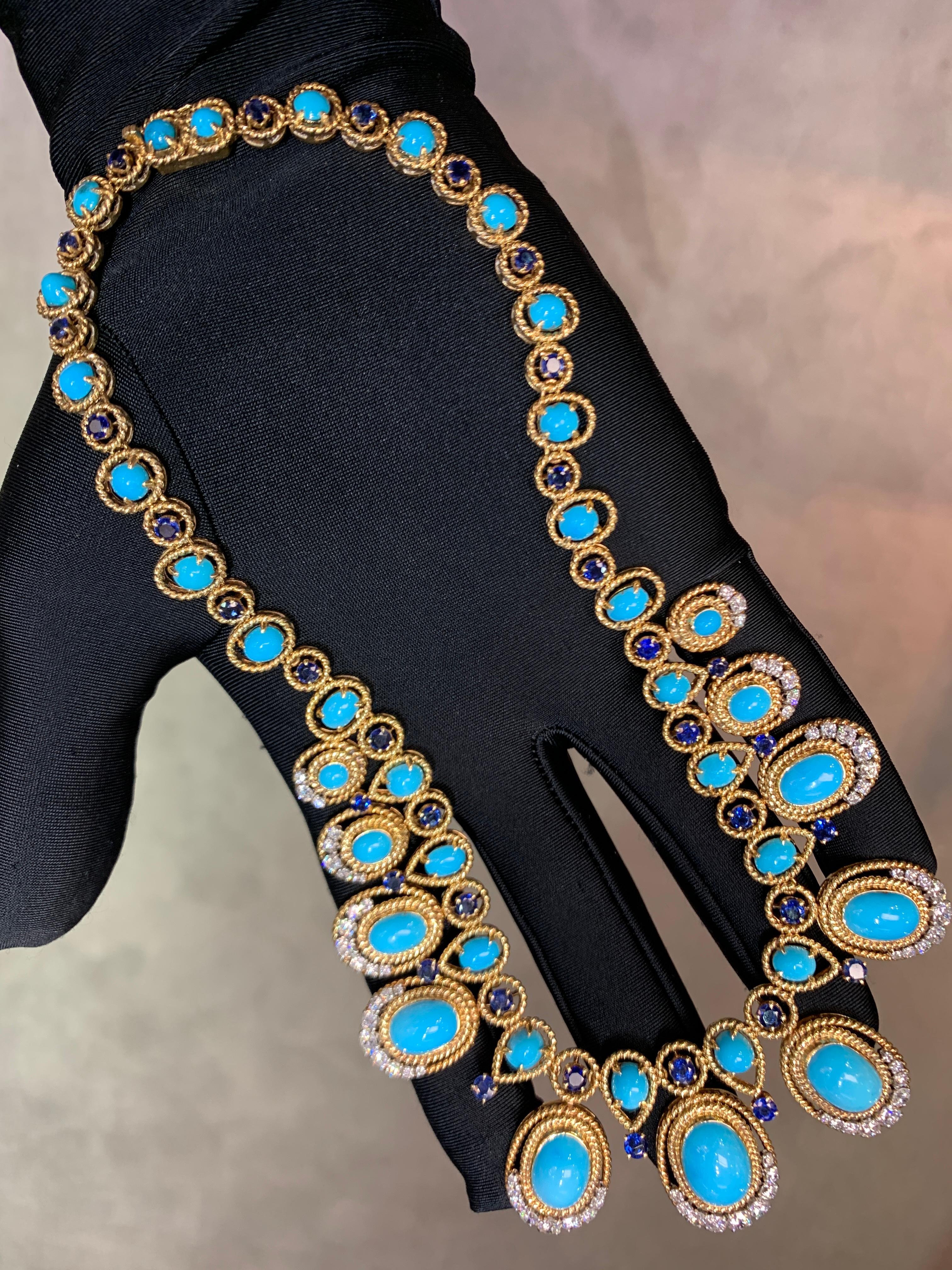 Van Cleef & Arpels Turquoise Sapphire & Diamond Necklace In Excellent Condition In New York, NY