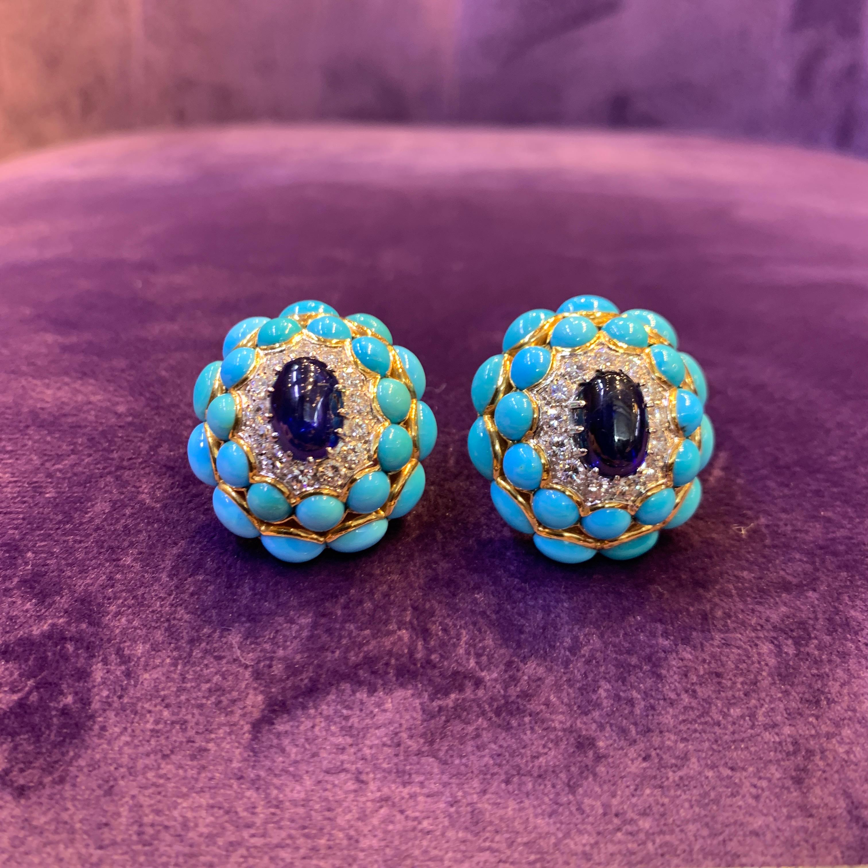 Cabochon Van Cleef & Arpels Turquoise & Sapphire Earrings For Sale