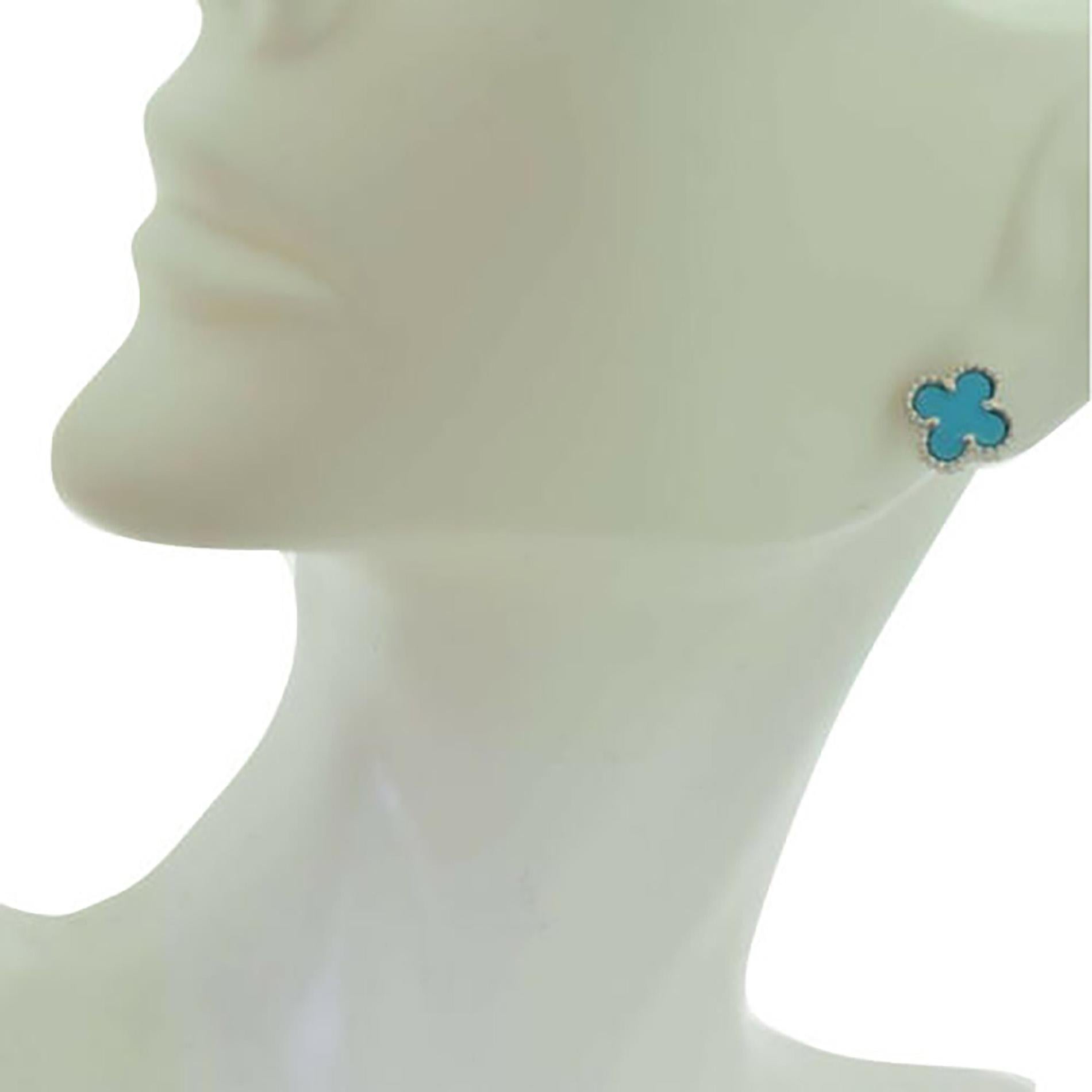 Van Cleef & Arpels Turquoise Sweet Alhambra Clover 18k White Gold Mini Ear Studs In Good Condition In Miami, FL