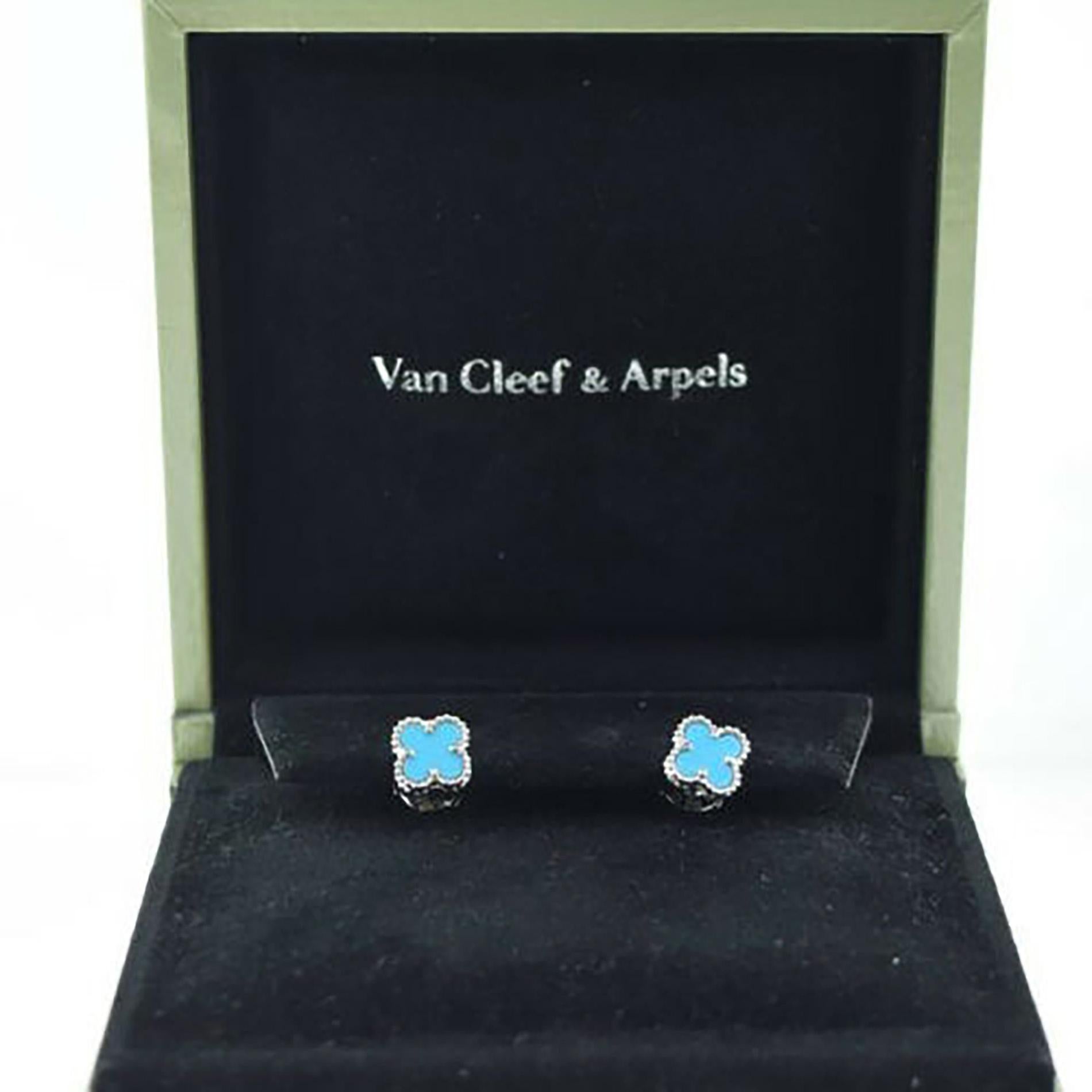 Women's or Men's Van Cleef & Arpels Turquoise Sweet Alhambra Clover 18k White Gold Mini Ear Studs