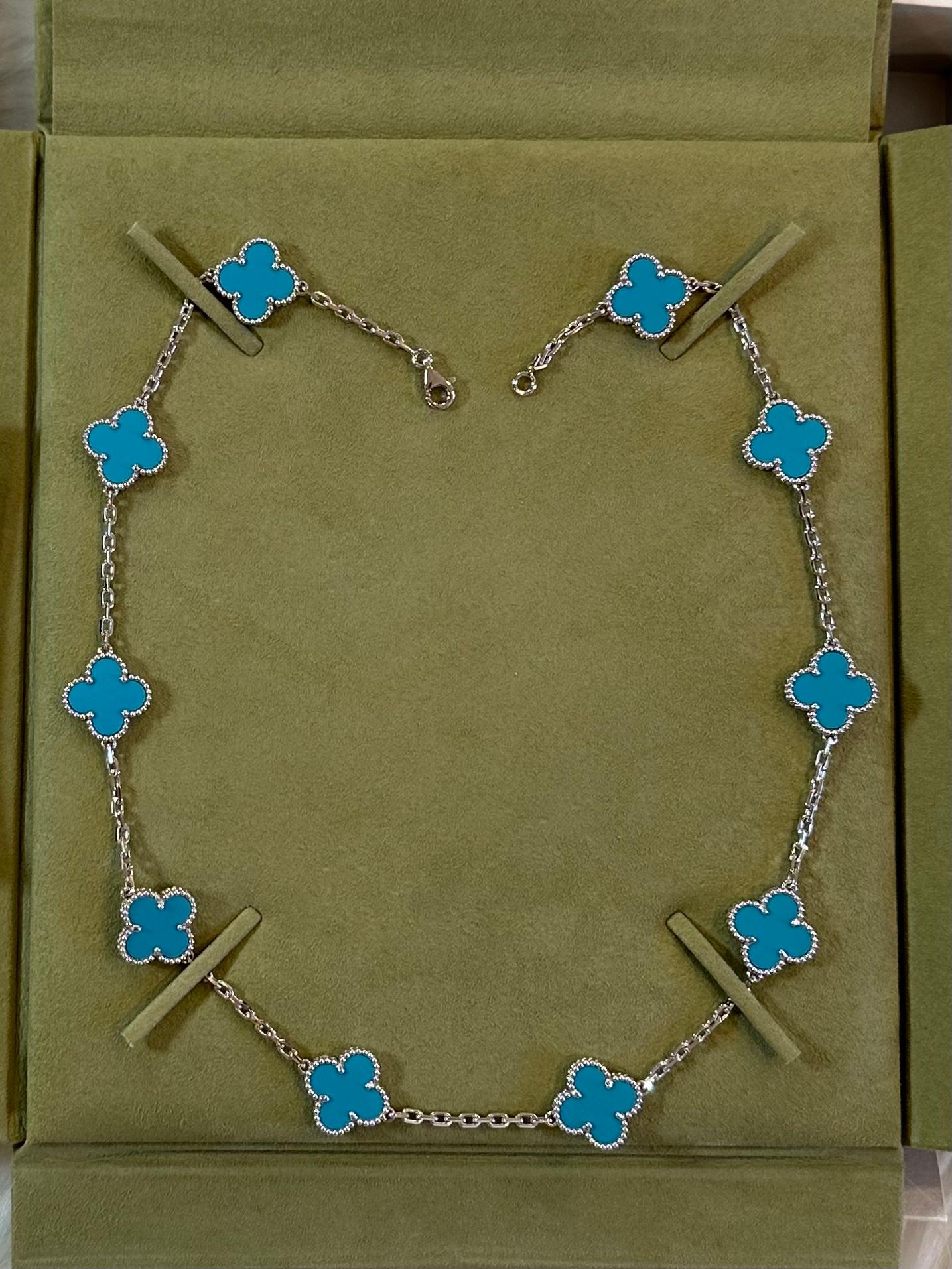 Van Cleef & Arpels Turquoise Vintage Alhambra 10 Motifs Necklace, White Gold 7